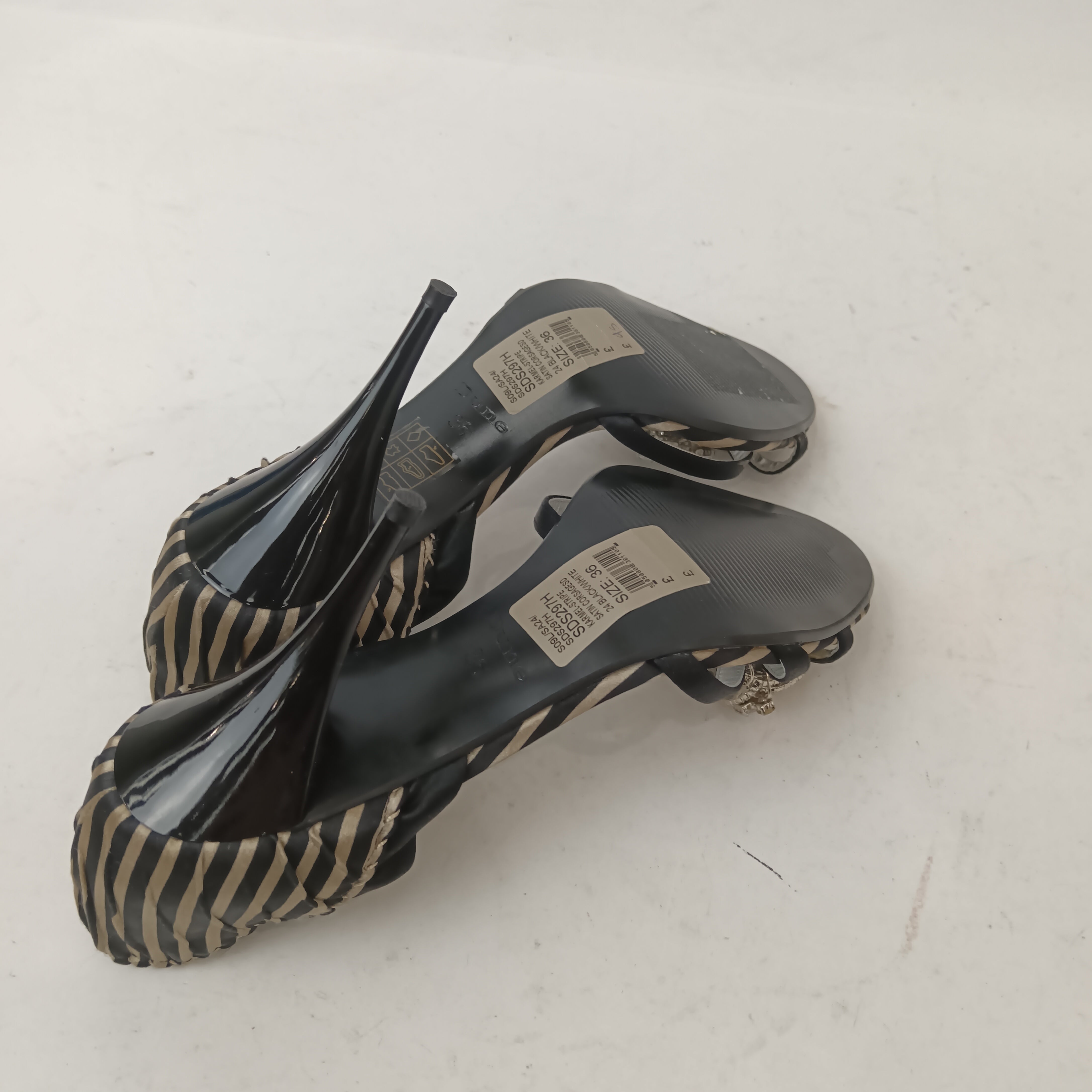 Heels and outsole image for Dune Satin Zebra Print Women's Heels UK 3.5 Womenswear | Pre-loved