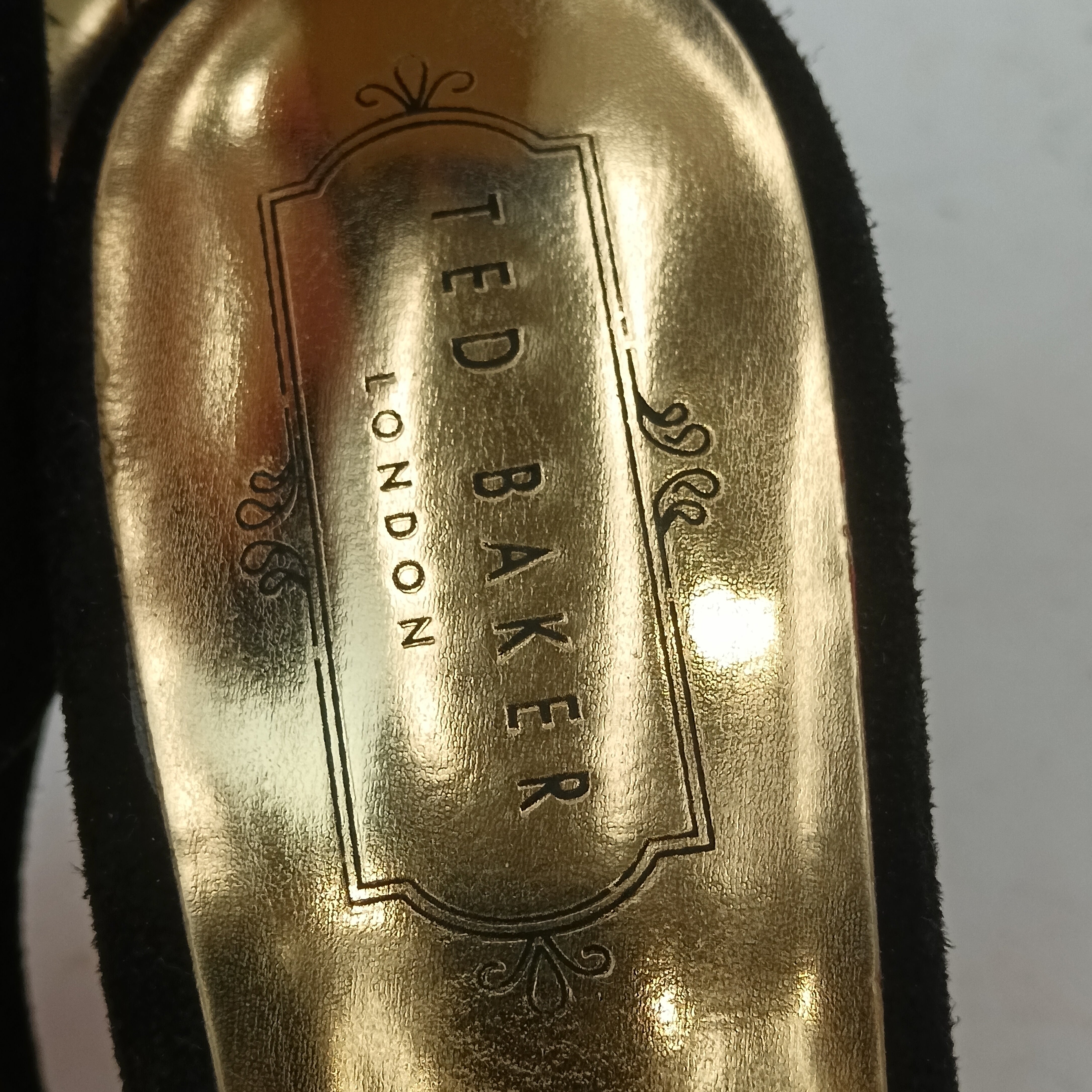 Brand close up image for Ted Baker Black And Navy Suede Heeled Sandals UK 4 Womenswear | Pre-loved