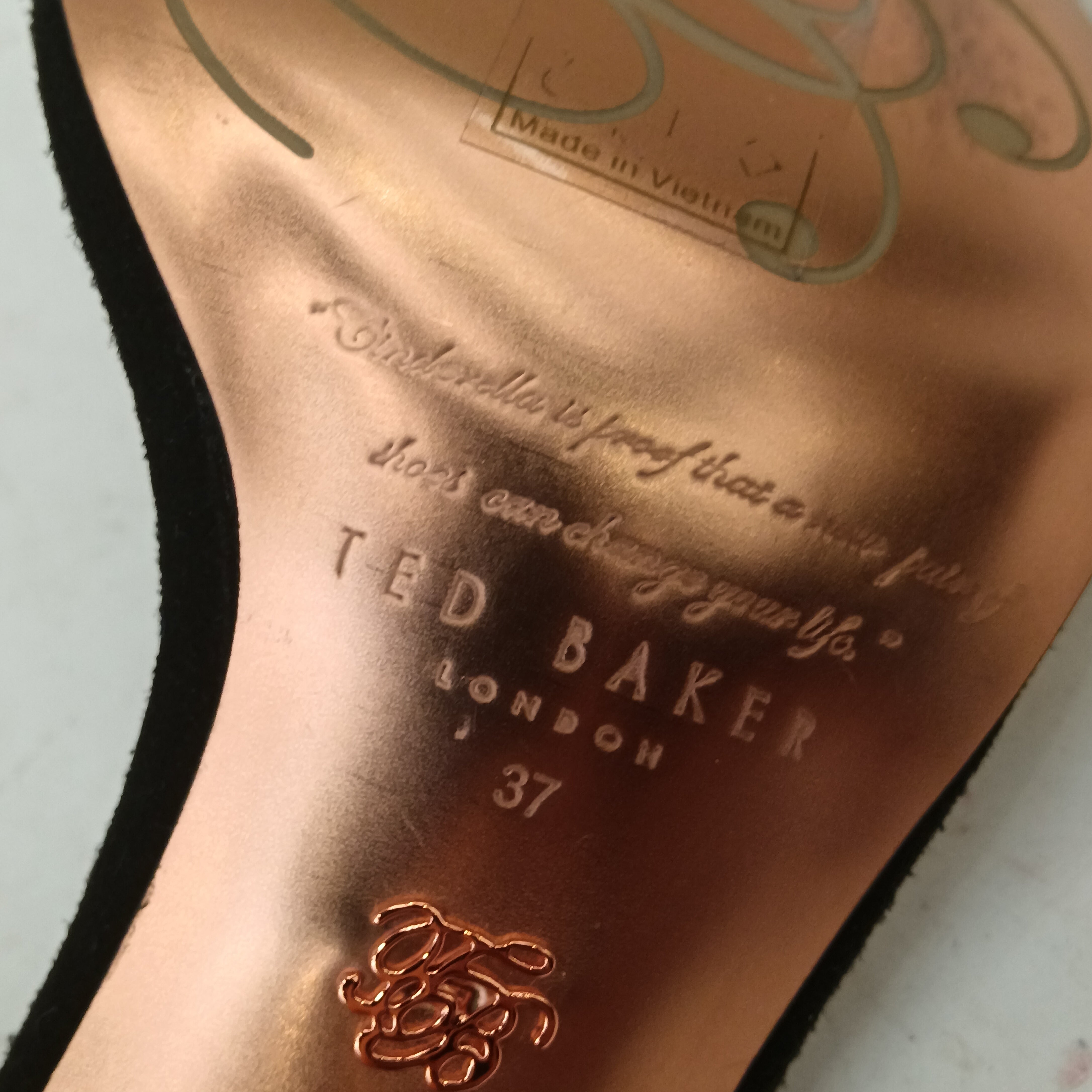 Outsole image for Ted Baker Black And Navy Suede Heeled Sandals UK 4 Womenswear | Pre-loved