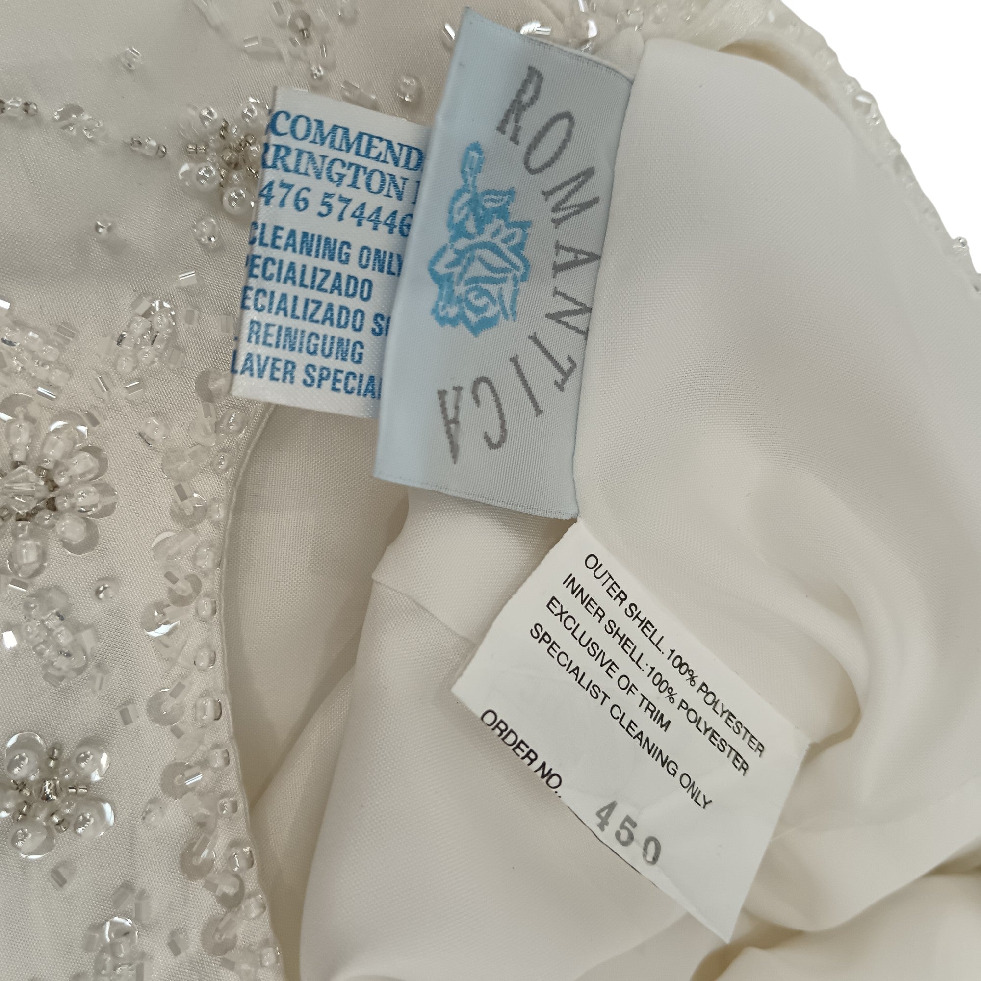 Brand label and wash label image for Beautiful Romantica Collections Wedding Dress With Bolero Size 10 Womenswear | Pre-loved