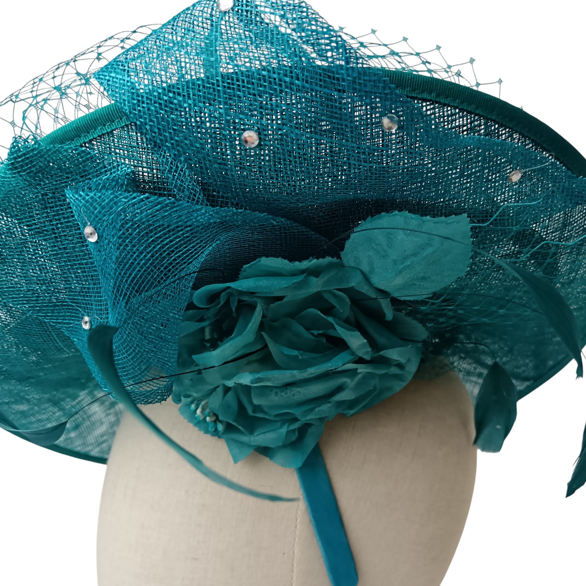 Close up image for Evelyn Anne Teal Blue Ladies Special Occasion Wedding Fascinator Womenswear | Pre-loved