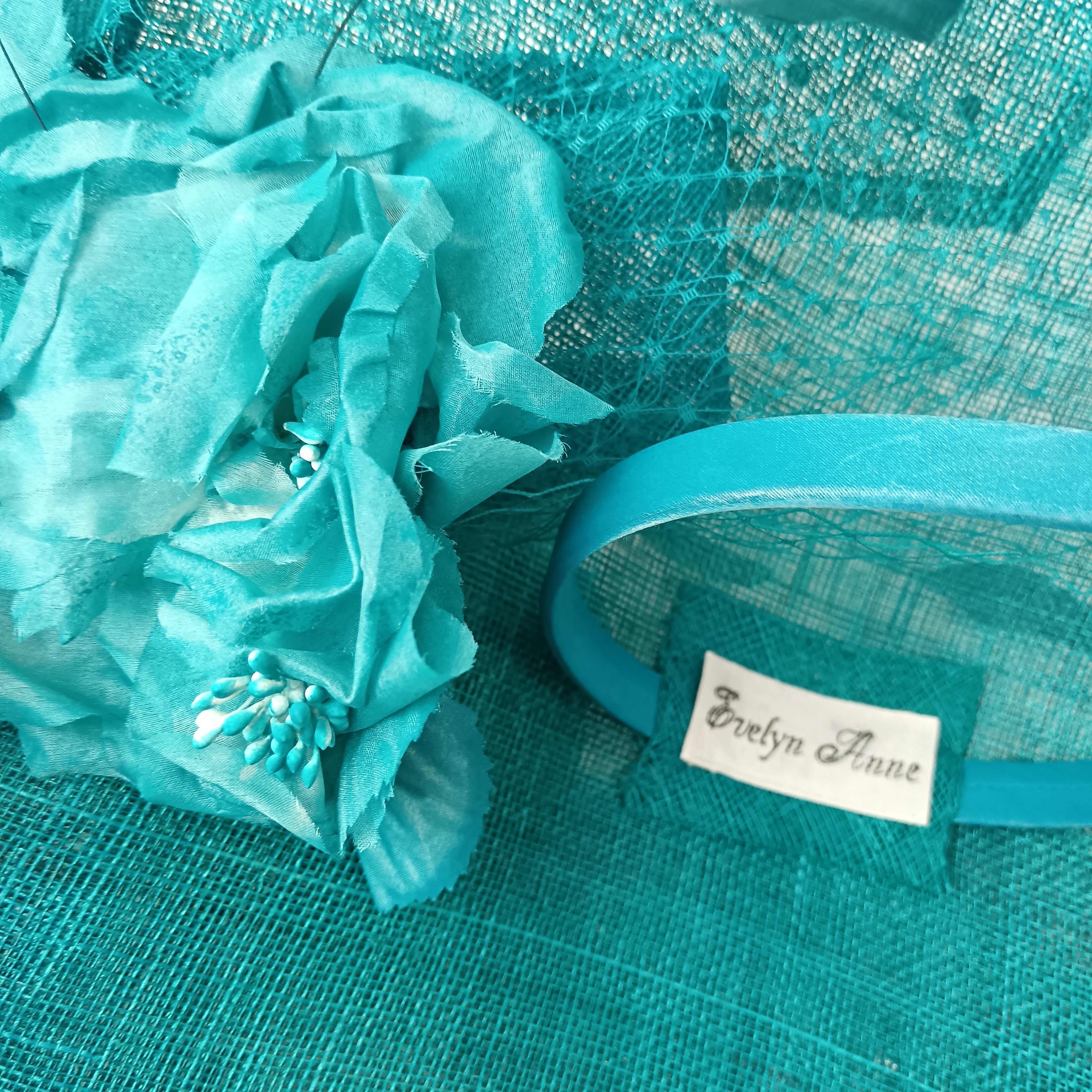 Bottom, headband and brand label image for Evelyn Anne Teal Blue Ladies Special Occasion Wedding Fascinator Womenswear | Pre-loved