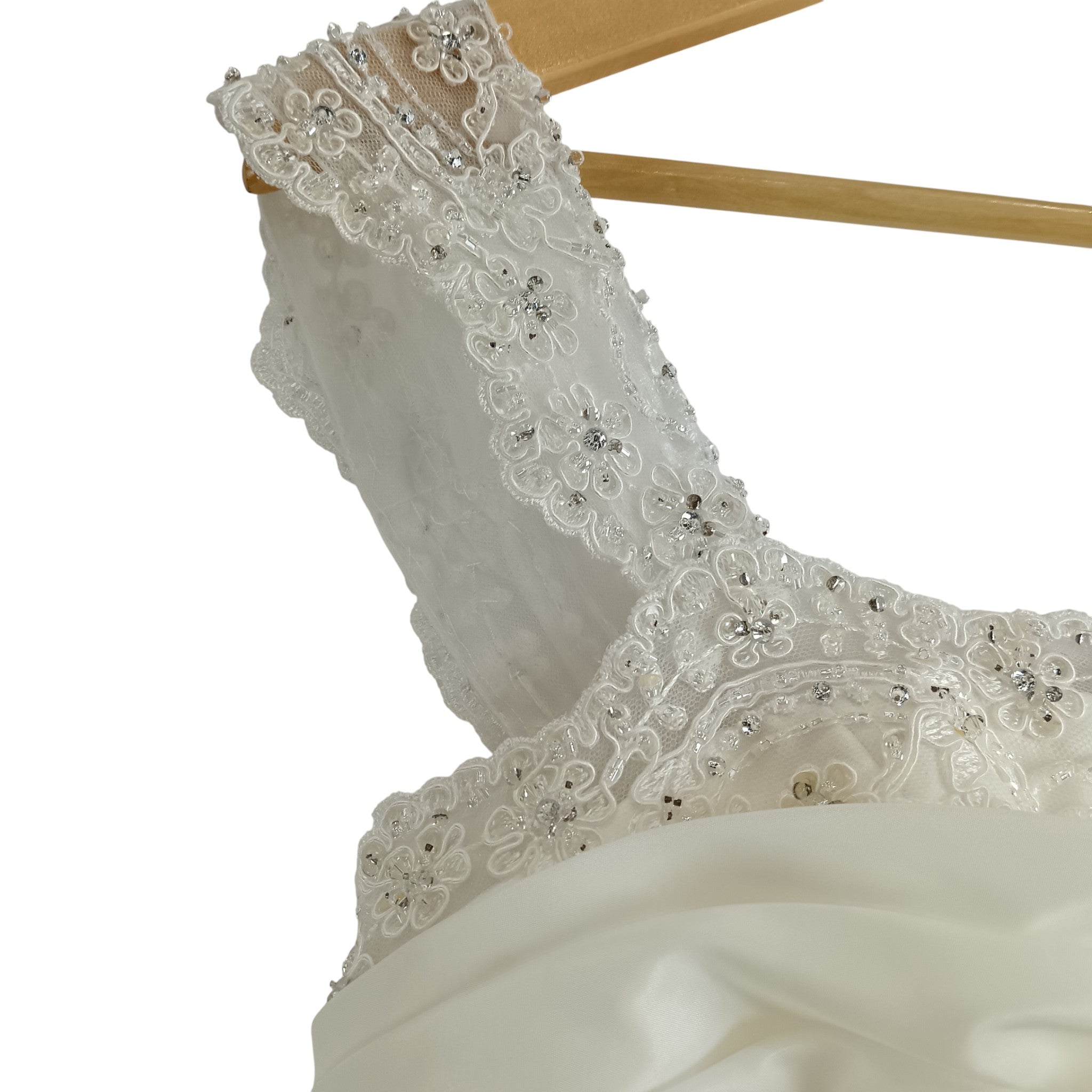 Top and strap close up image for Trudy Lee Ivory Satin Wedding Dress Embellished Straps  UK 16-  Womenswear | Pre-loved