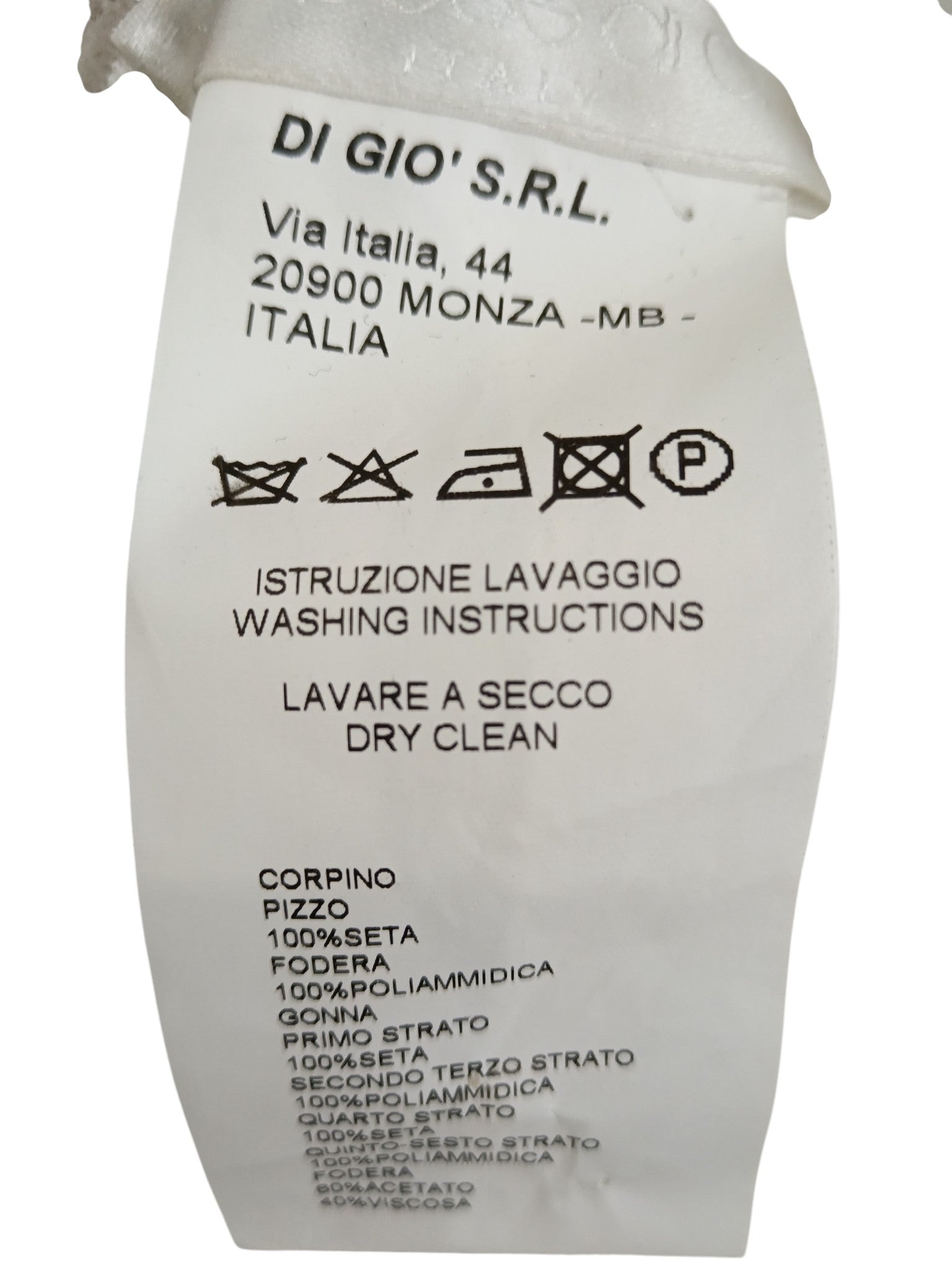 Brand and product info label for Di Gio Italian Wedding Hi-Low Dress Sleeved UK 8-10 Womenswear | Pre-loved