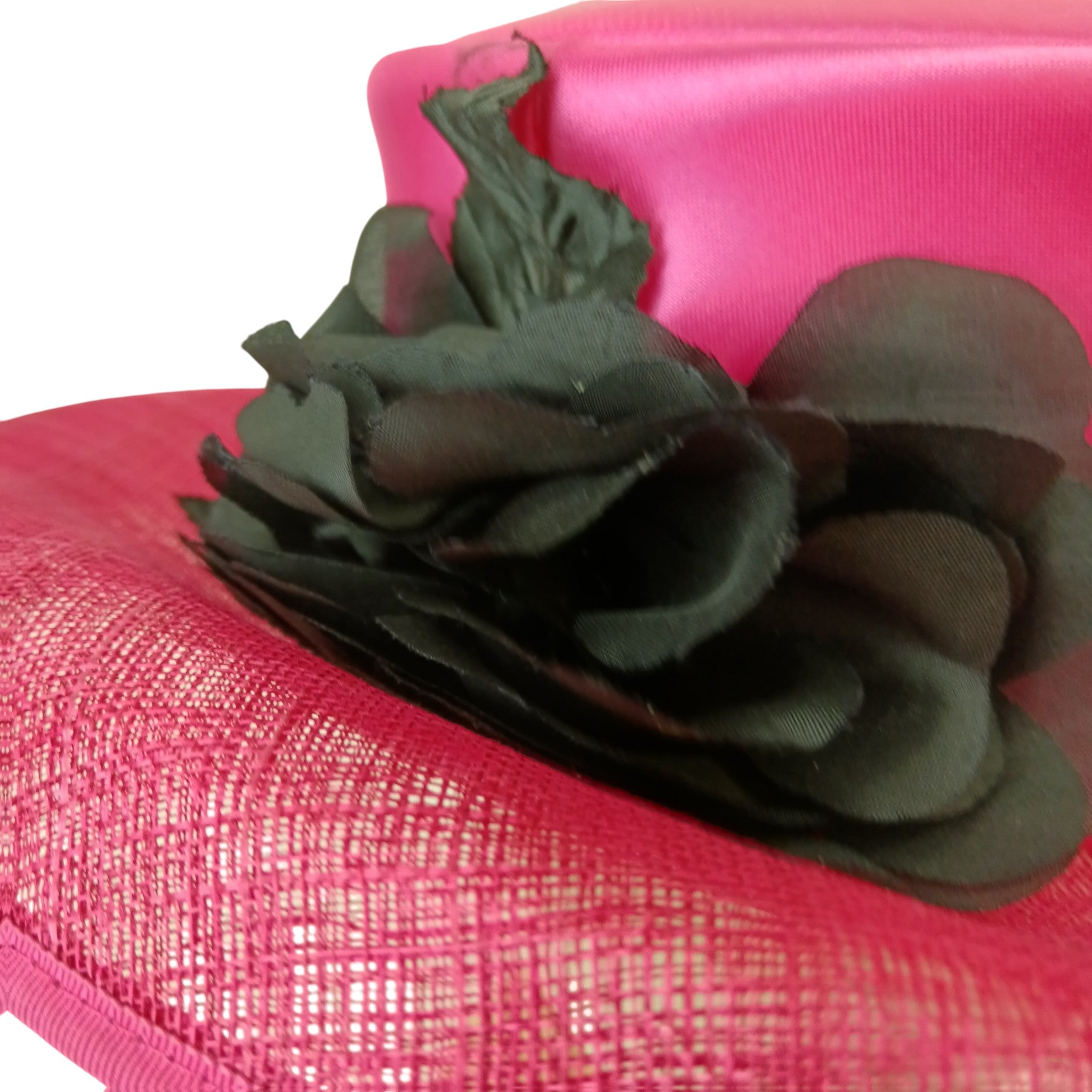Close up image for Whiteley Fuchsia With Black Rose Detail Special Occasion Wedding Hat Womenswear | Pre-loved