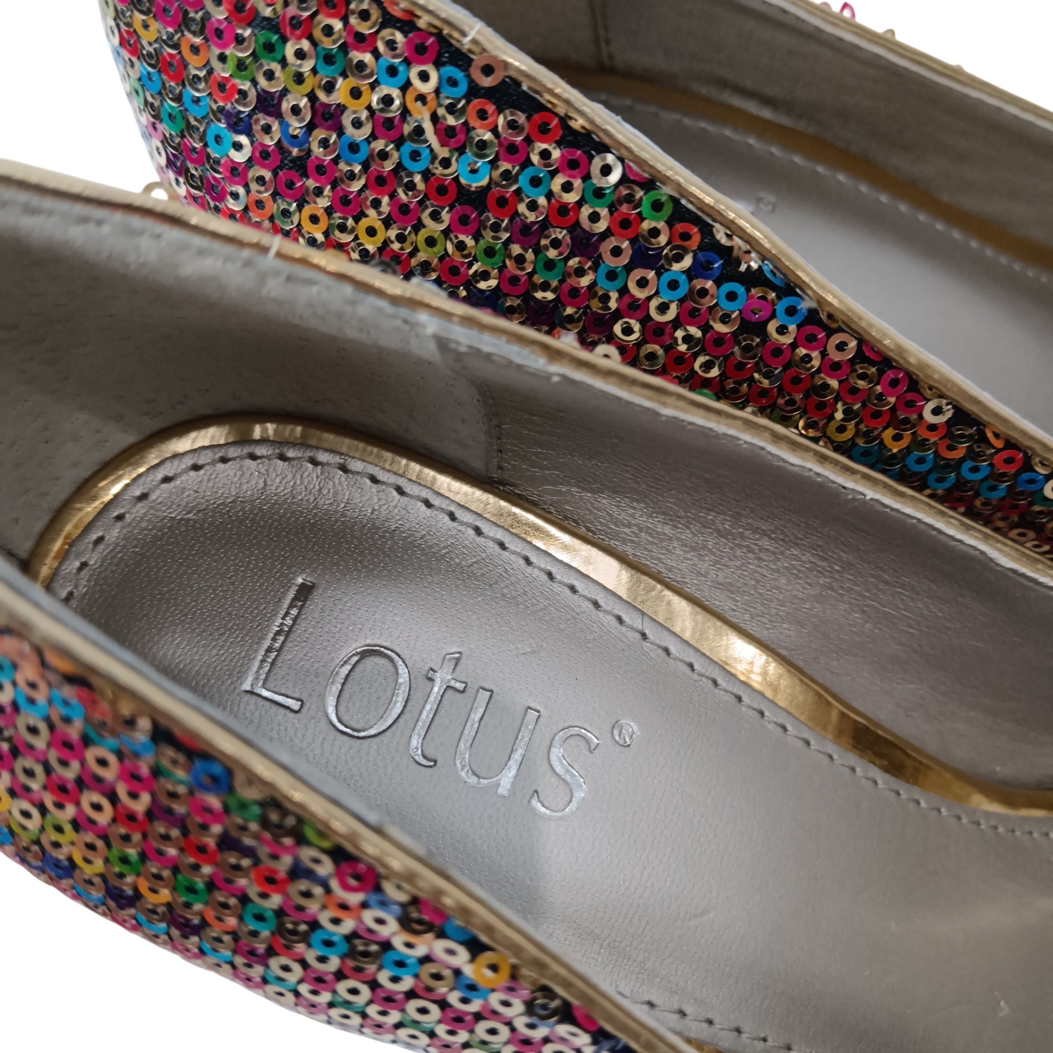 Inside close up image for Lotus Multicoloured Sequins Heeled Shoes UK 6 -Tags On- Womenswear | Pre-loved