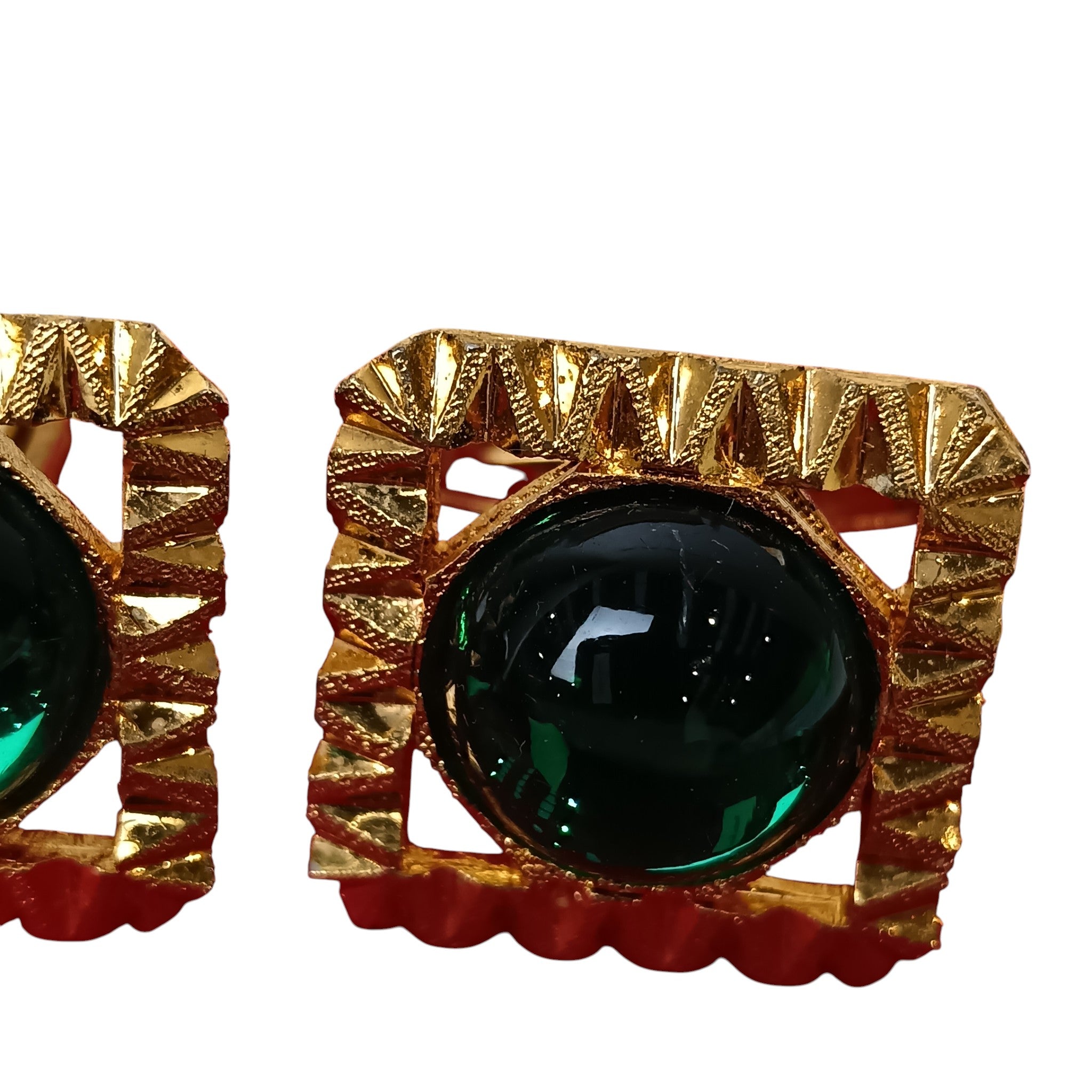 Close up image for Vintage Gold Plated Squared Diamond Cut Green Stone Cufflinks Menswear | Preloved