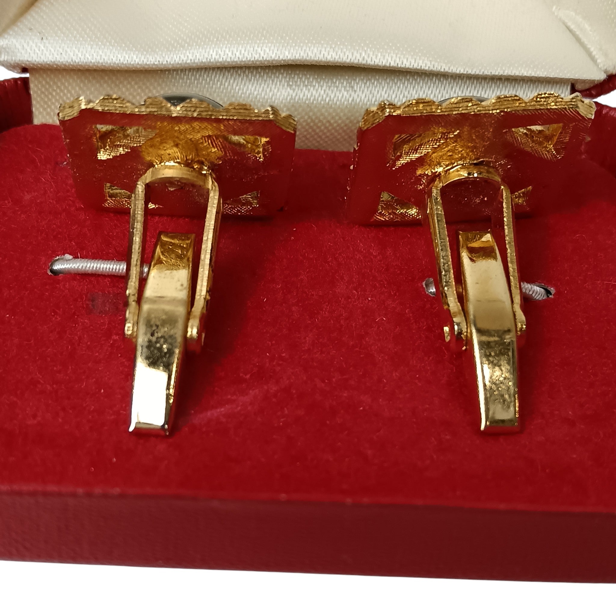 Back image for Vintage Gold Plated Squared Diamond Cut Green Stone Cufflinks Menswear | Preloved