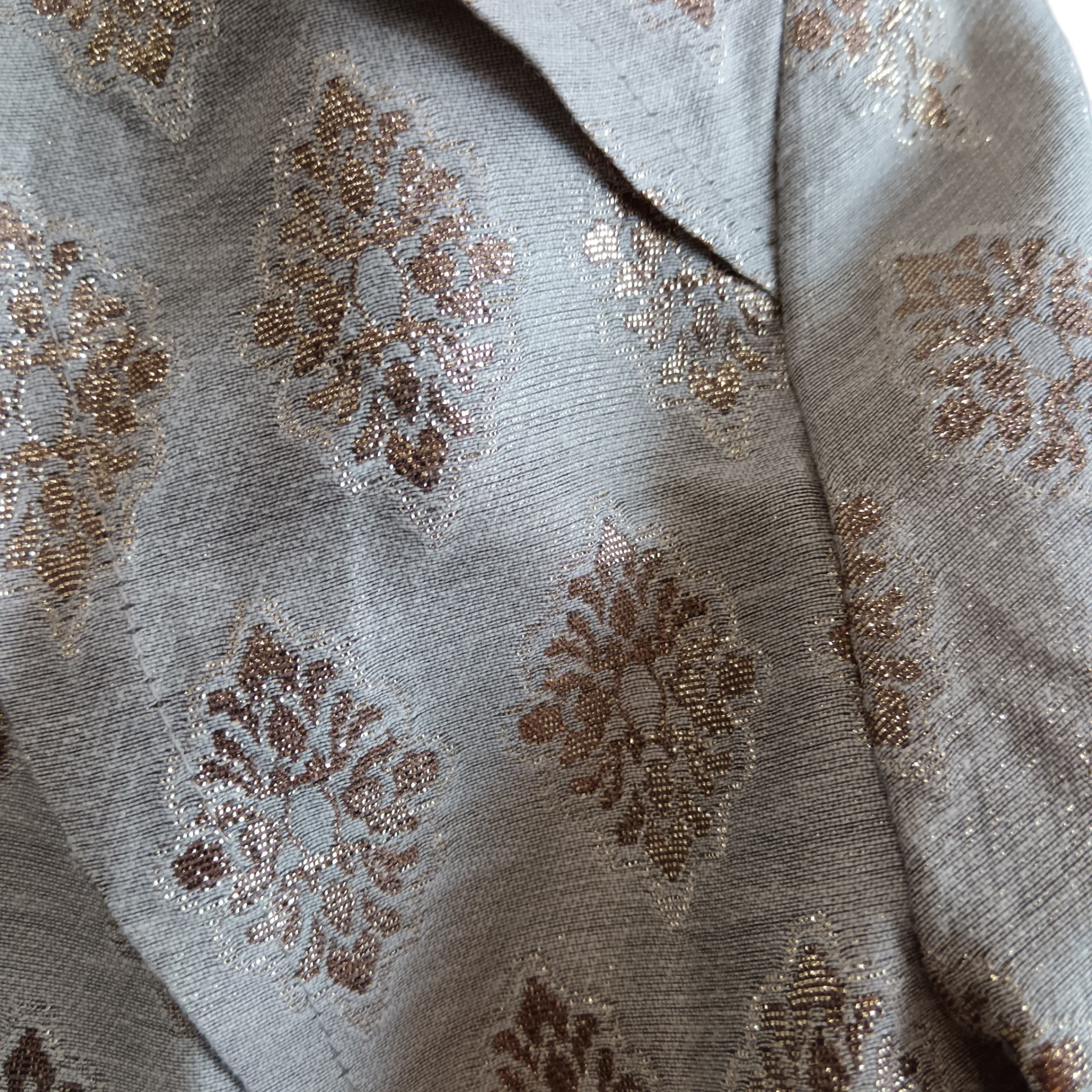 Jacket close up image for Fee G Stonehasen Grey Satin With Gold Pattern Mother Of Bride Outfit UK 10- Womenswear | Pre-loved