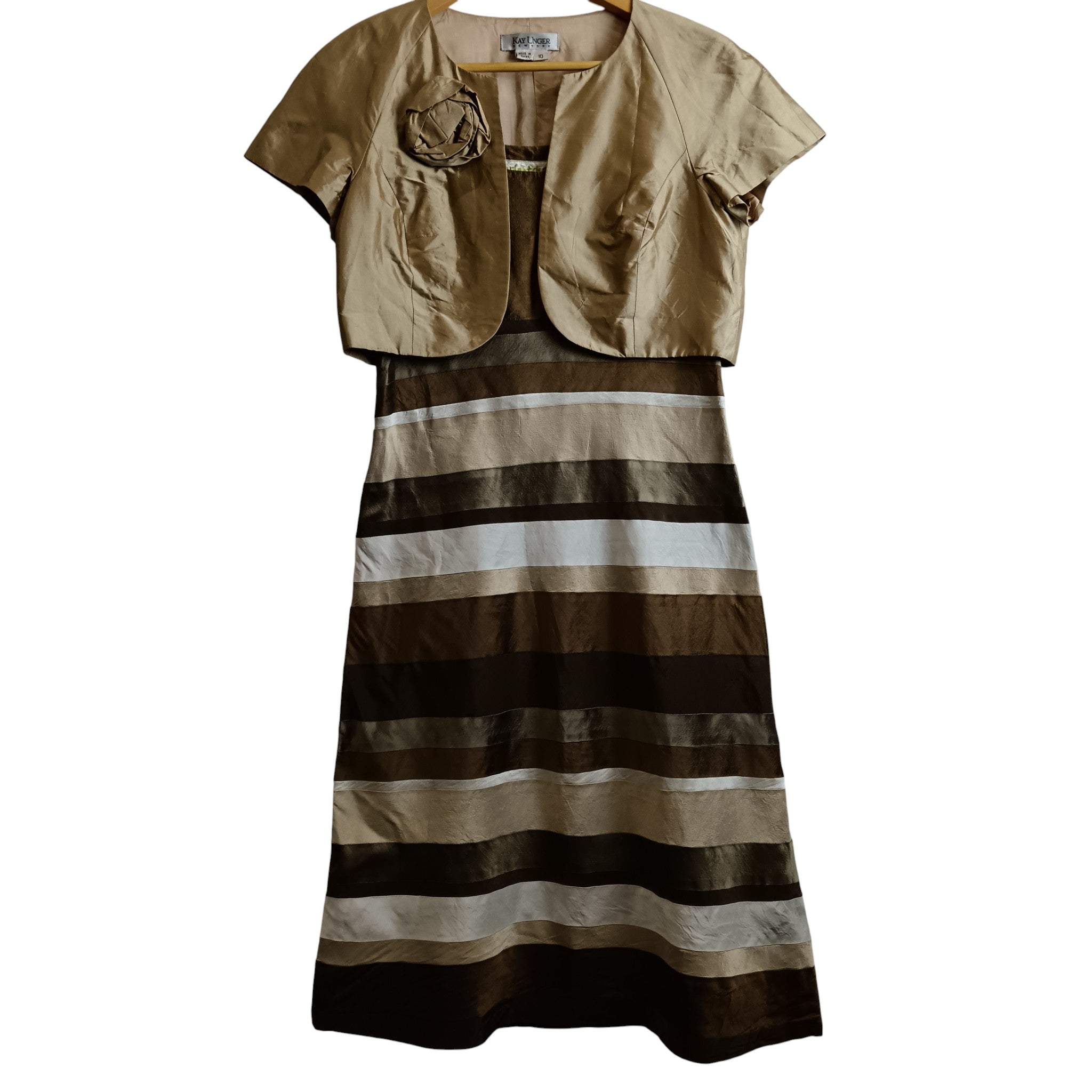 Front image for Kay Unger New York Pure Silk Brown Striped Dress With Bolero Mother of Bride Outfit UK 10-12 - Womenswear | Pre-loved
