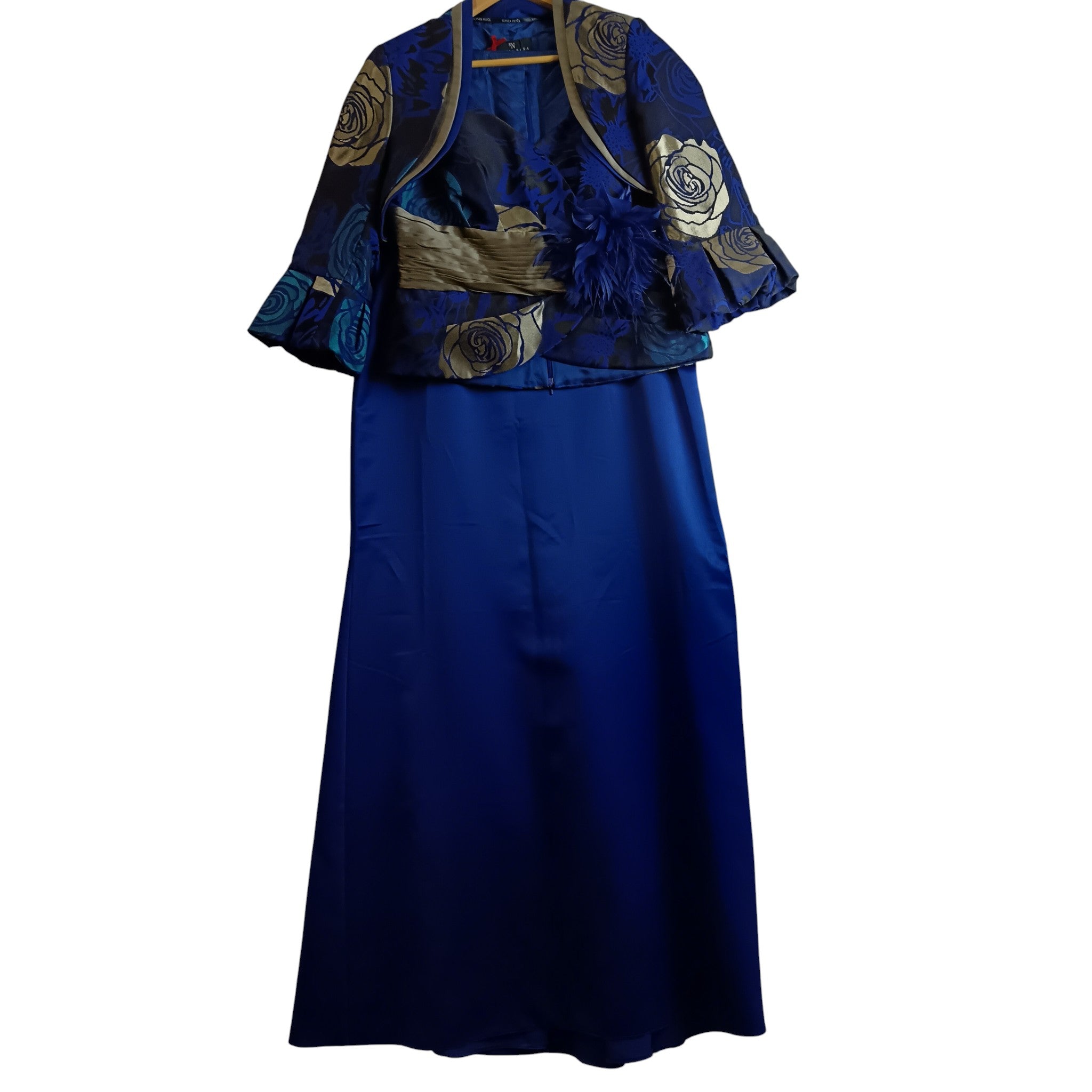 Front image for Sona Pena Dark Blue Gold Floral Print 3 Pieces Mother Of Bride  Satin Outfit Women's UK 14- Womenswear | Pre-loved