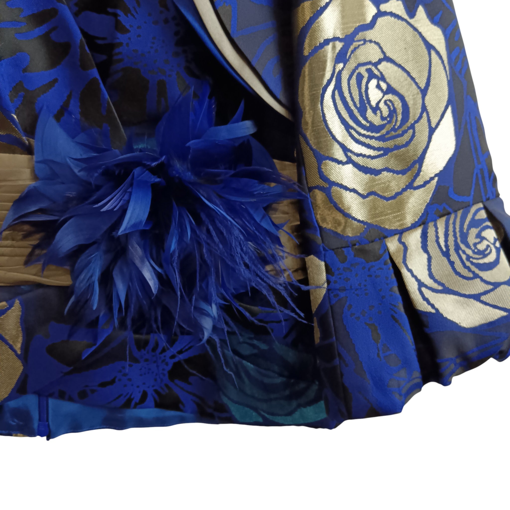 Close up image top and bolero for Sona Pena Dark Blue Gold Floral Print 3 Pieces Mother Of Bride  Satin Outfit Women's UK 14- Womenswear | Pre-loved