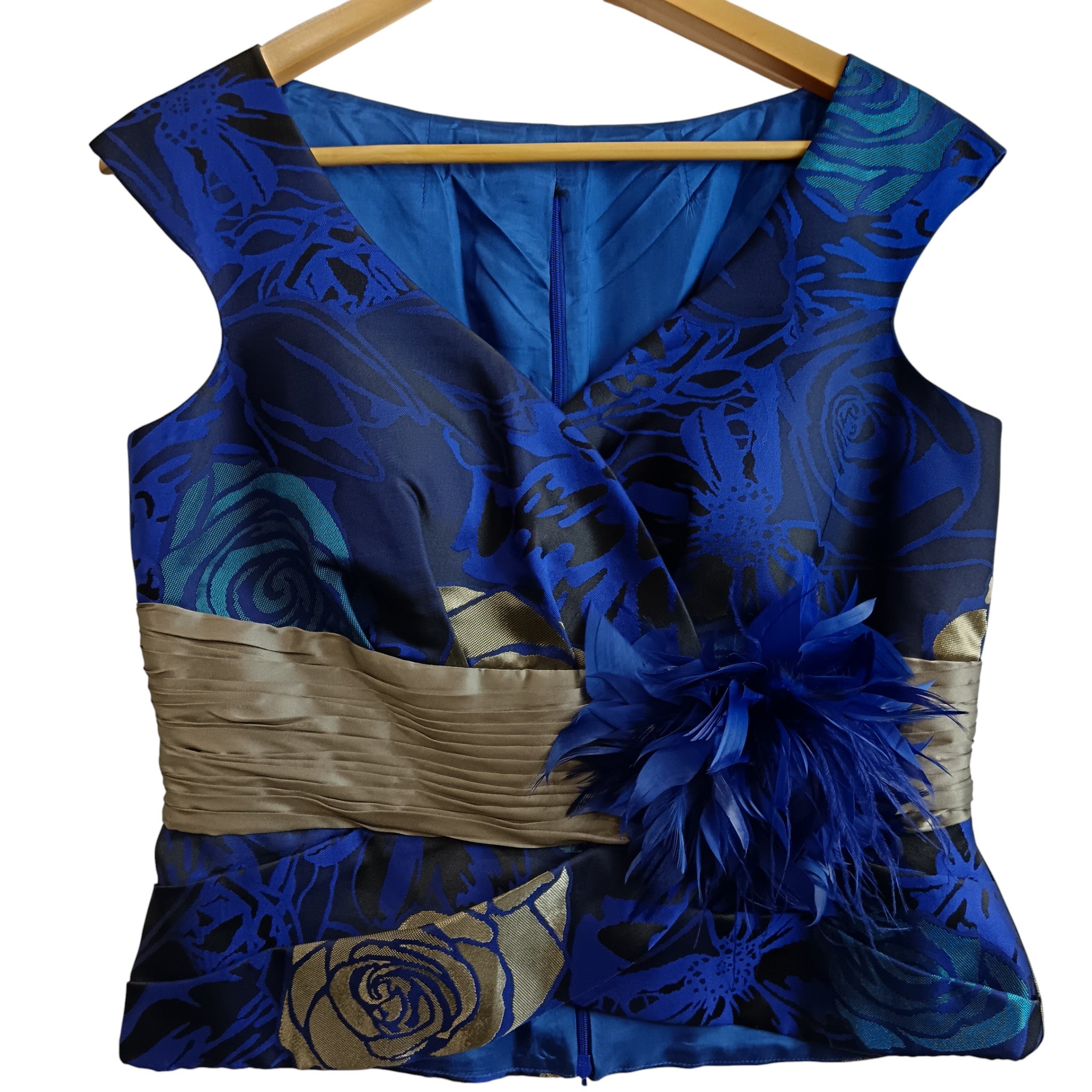 Top front image for Sona Pena Dark Blue Gold Floral Print 3 Pieces Mother Of Bride  Satin Outfit Women's UK 14- Womenswear | Pre-loved