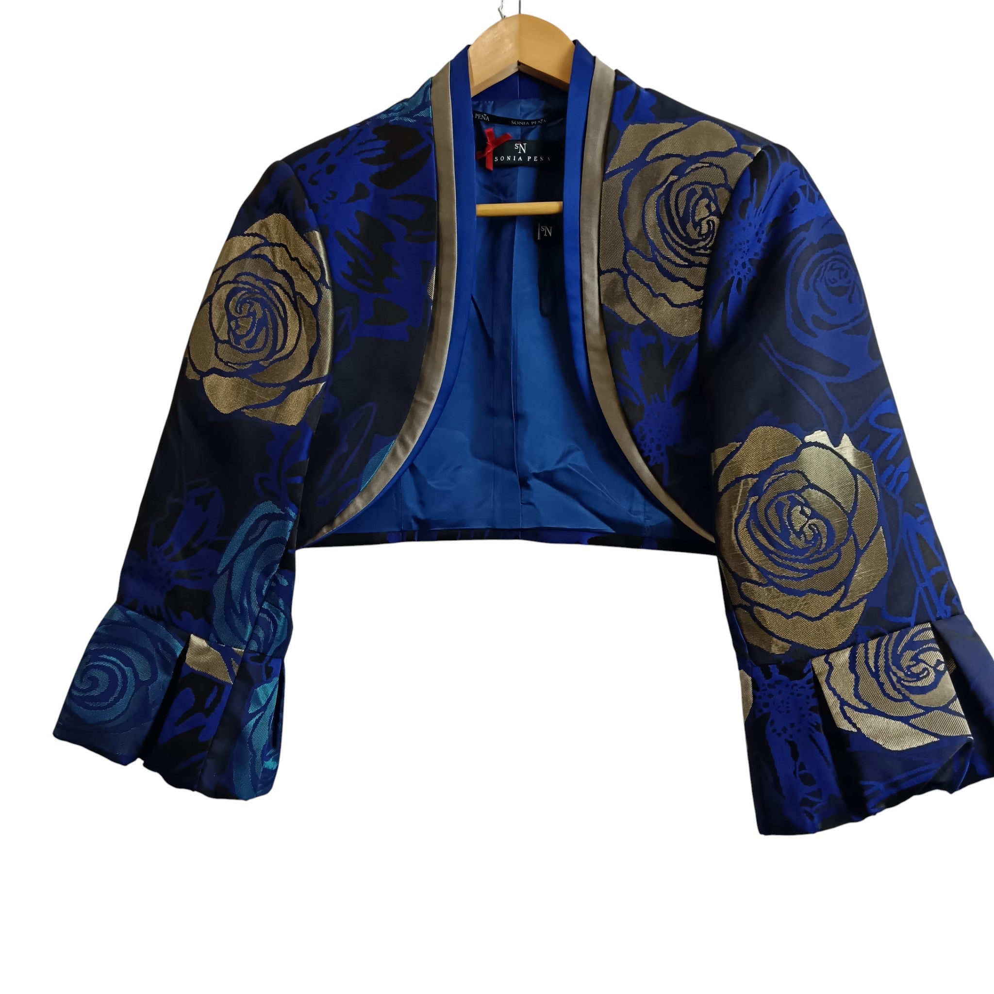 Bolero front image for Sona Pena Dark Blue Gold Floral Print 3 Pieces Mother Of Bride  Satin Outfit Women's UK 14- Womenswear | Pre-loved