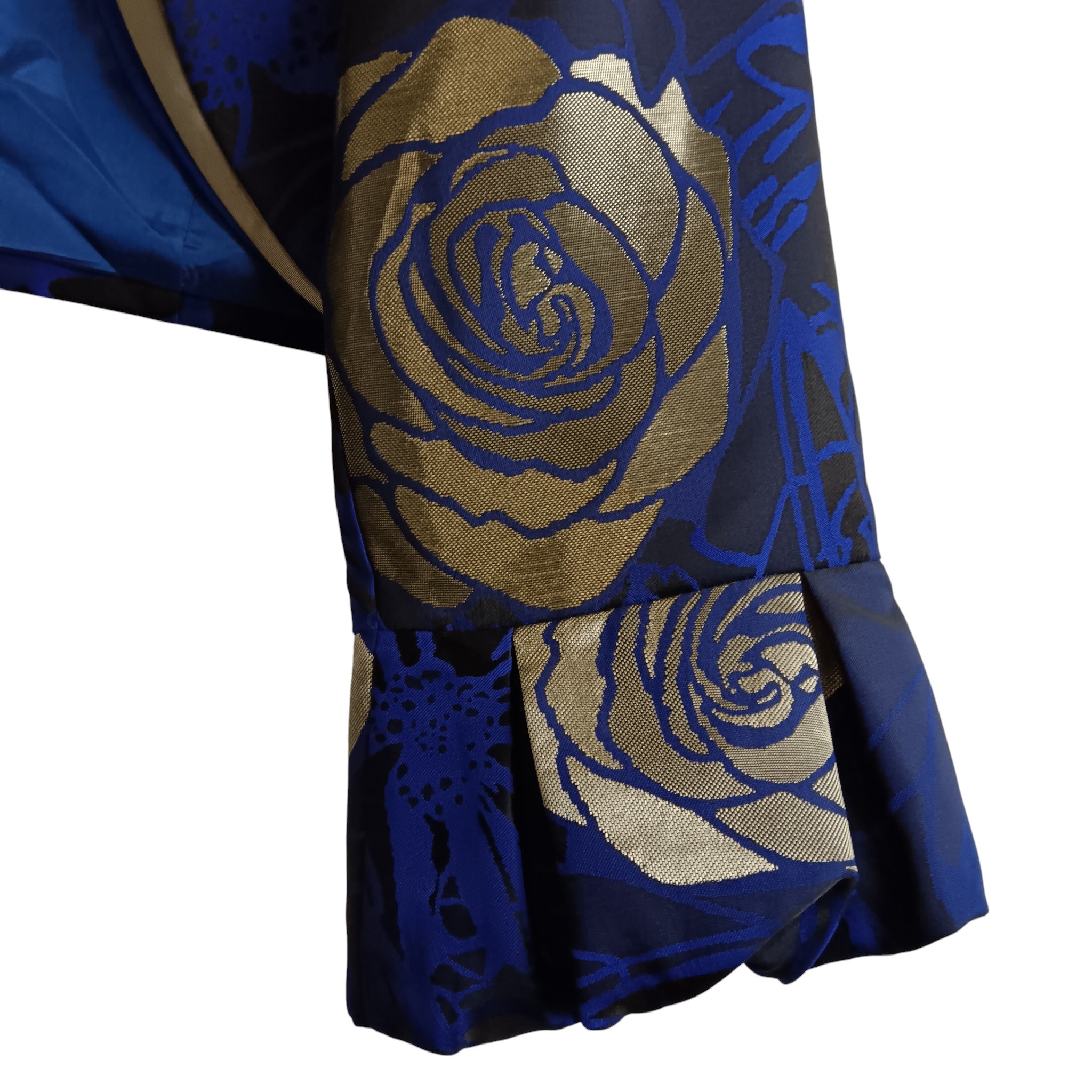 Bolero sleeve close up image for Sona Pena Dark Blue Gold Floral Print 3 Pieces Mother Of Bride  Satin Outfit Women's UK 14- Womenswear | Pre-loved