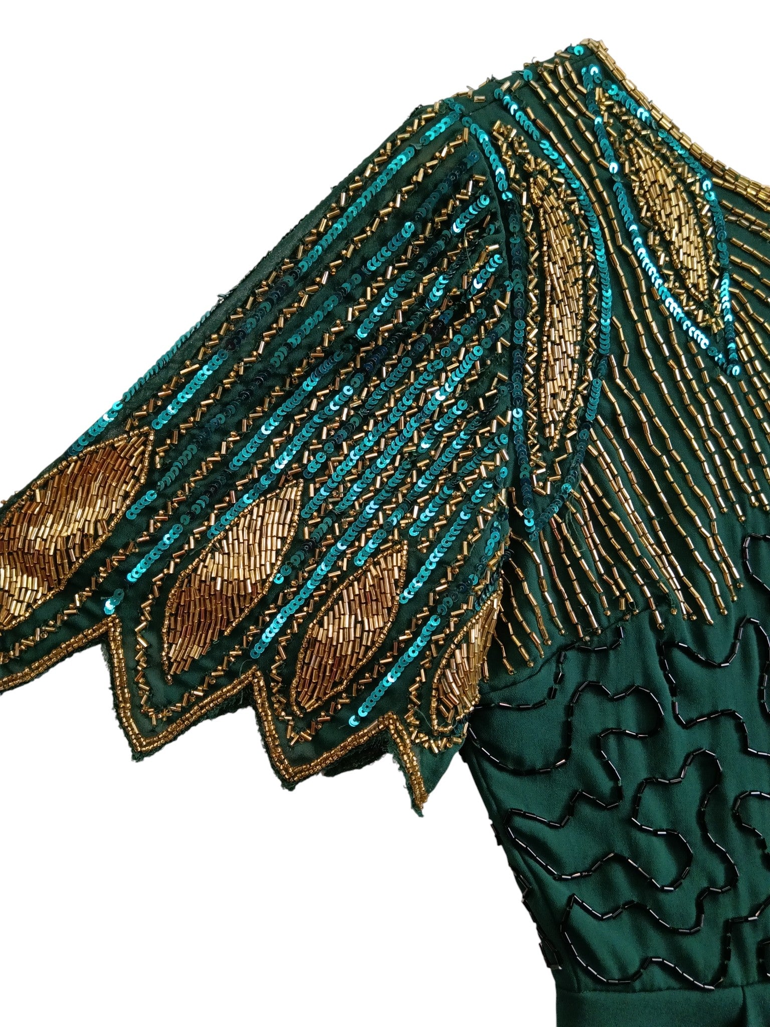 Close up image for Virgos Lounge Beautiful Bottle Green Beaded Tulip Dress UK 10 Womenswear | Pre-loved