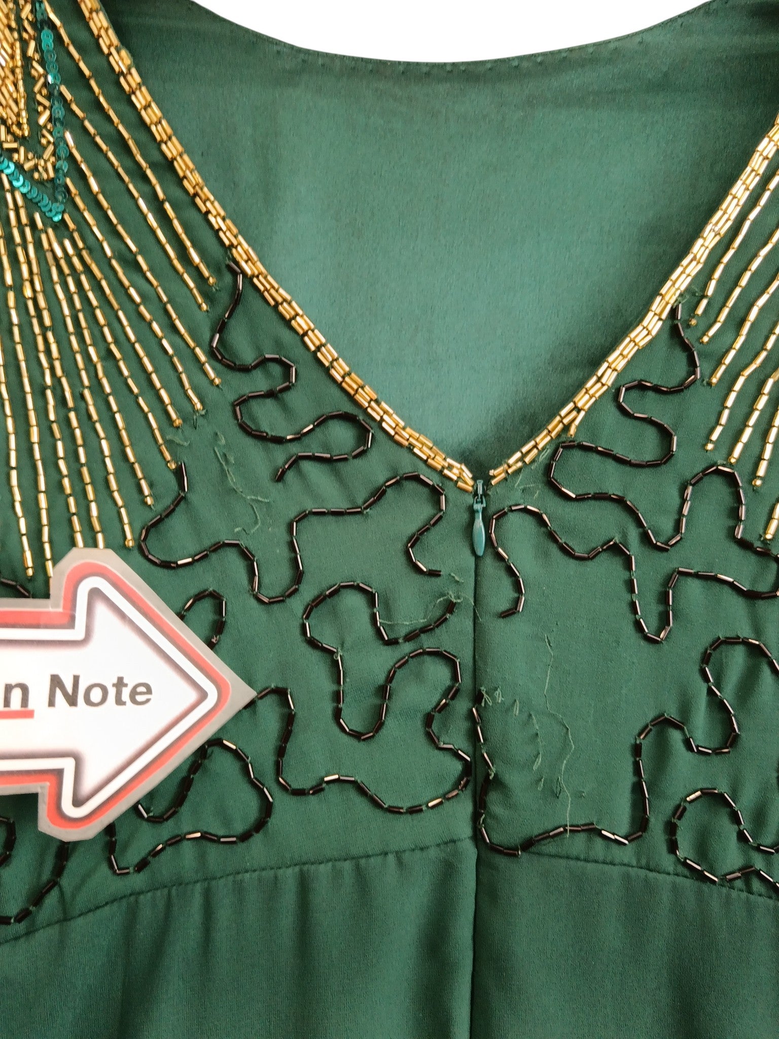 Close up and condition image for Virgos Lounge Beautiful Bottle Green Beaded Tulip Dress UK 10 Womenswear | Pre-loved