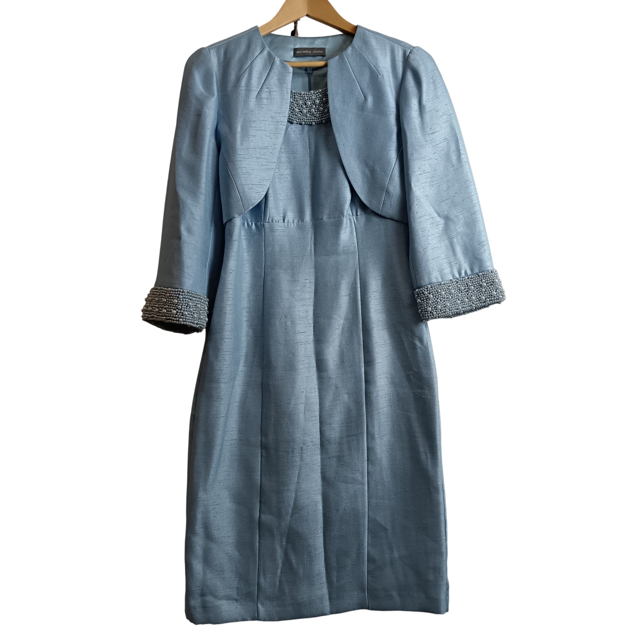 Front image for Pale Blue With Pearl Neckline Dress & Jacket BY Michaela Louisa  UK 10 Womenswear | Pre-loved