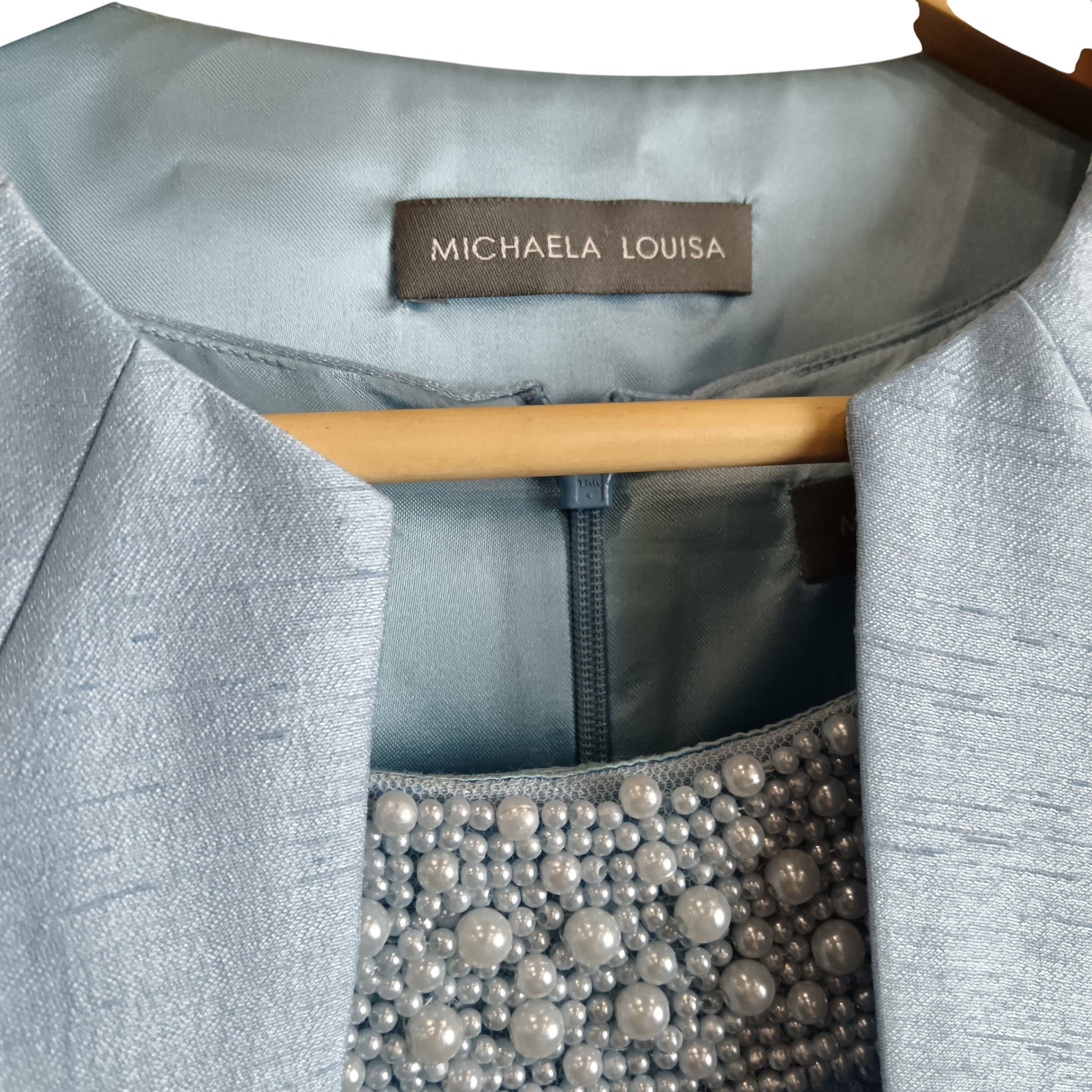 Close up image for Pale Blue With Pearl Neckline Dress & Jacket BY Michaela Louisa  UK 10 Womenswear | Pre-loved