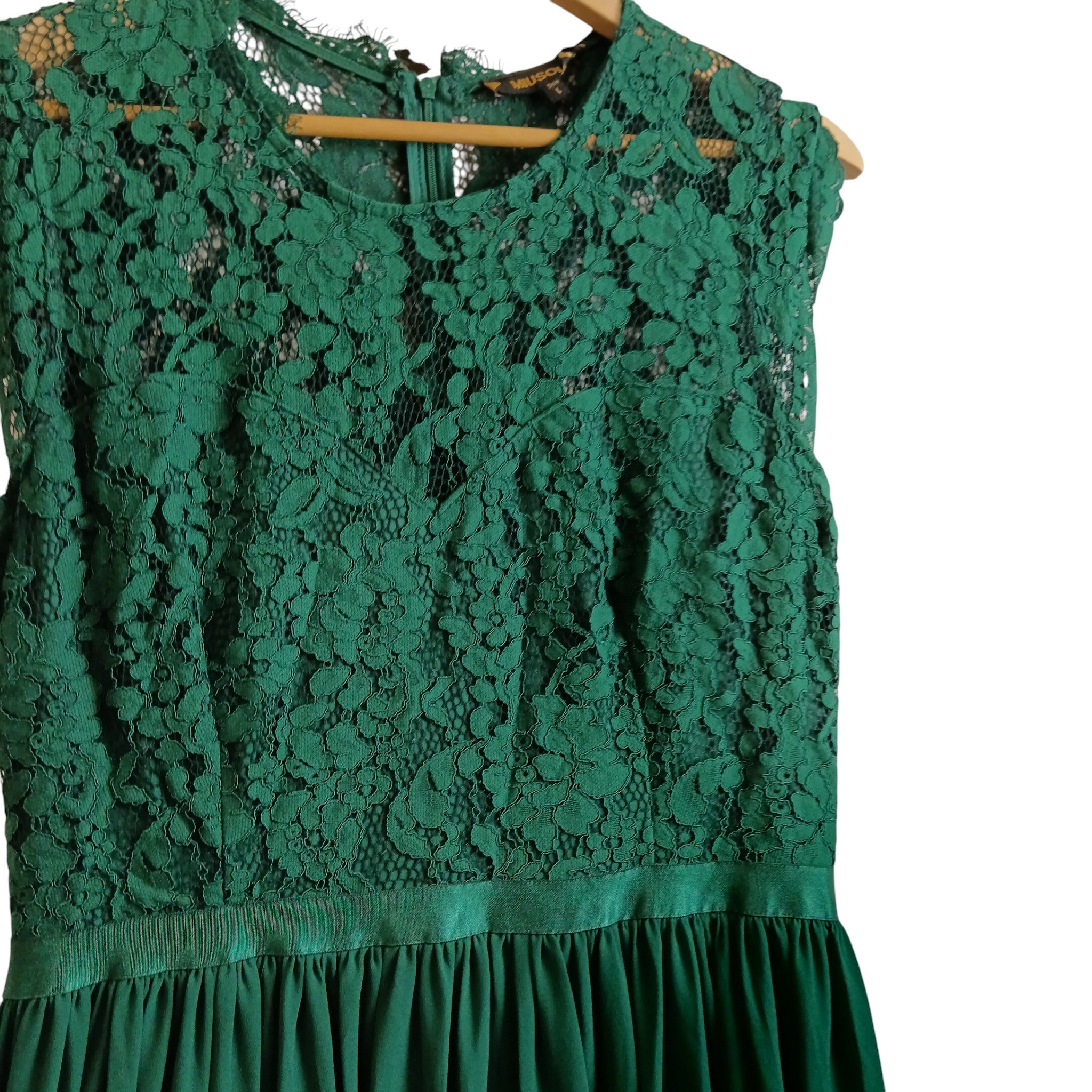 Close up image for Miusol Bottle Green Lace Top Bridesmaid Full Length Dress UK L -Tags On - Womenswear | Pre-loved