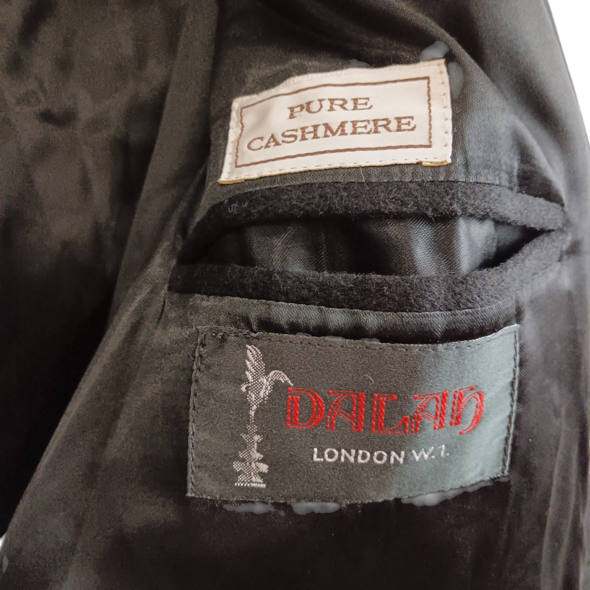 Labels image for Vintage Dalah London Black Pure Cashmere Men's Overcoat UK Small Menswear | Pre-loved