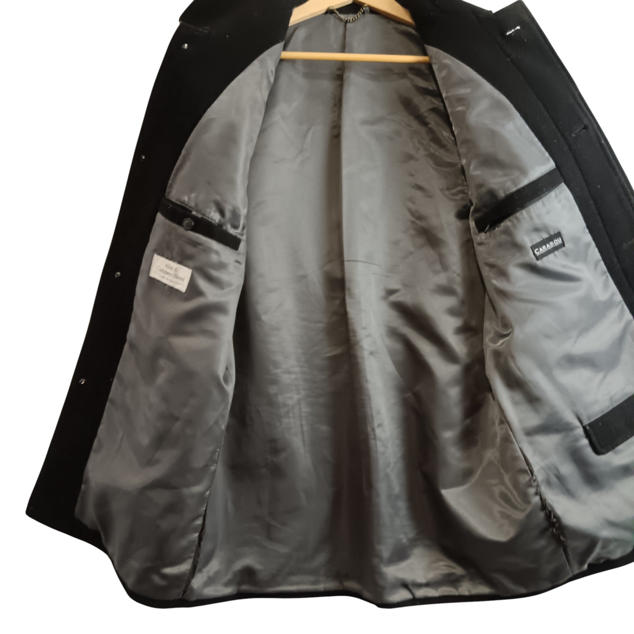 Inside/ lining image for Carabou Wool And Cashmere Men's Black Overcoat UK Small Menswear | Pre-loved