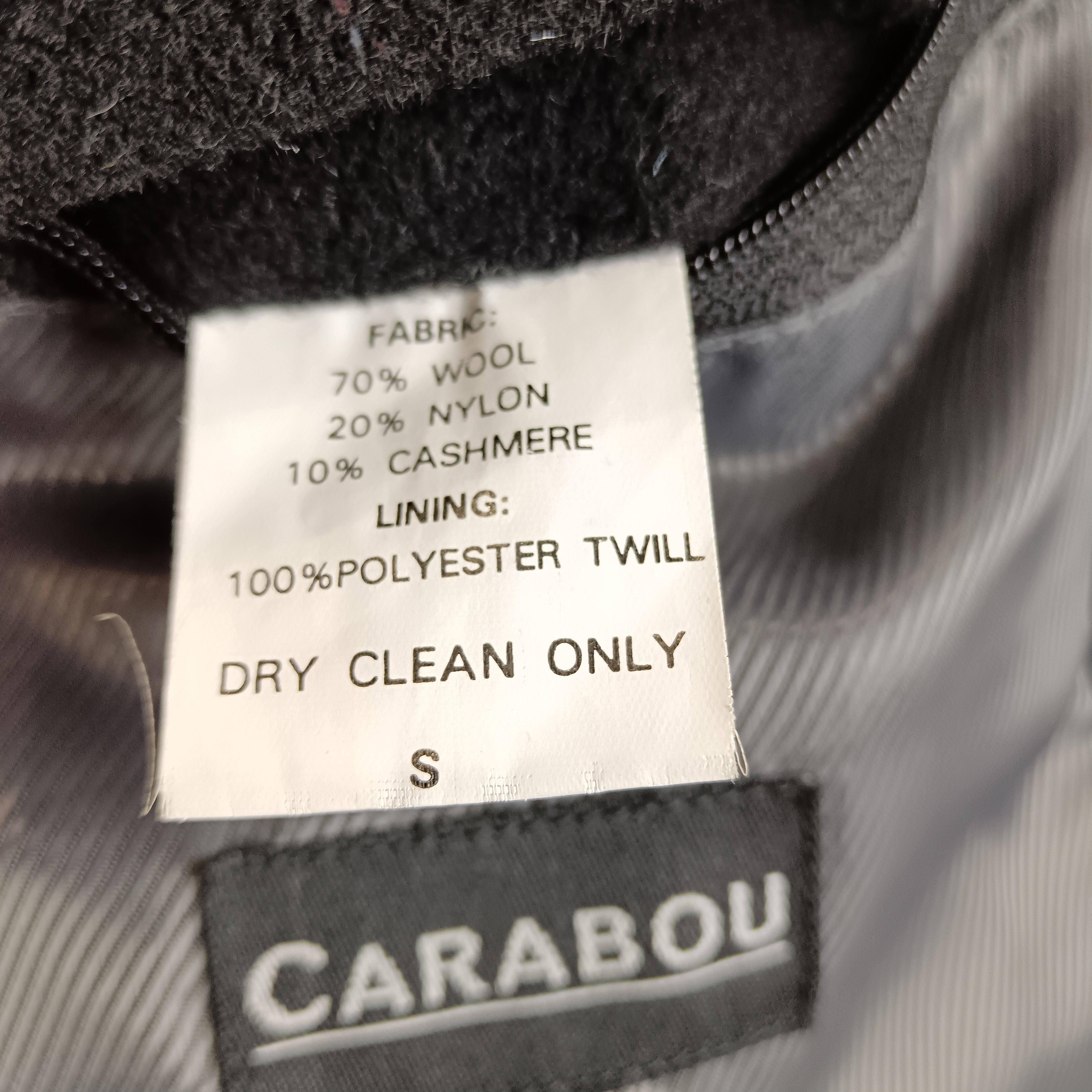 Wash label image for Carabou Wool And Cashmere Men's Black Overcoat UK Small Menswear | Pre-loved