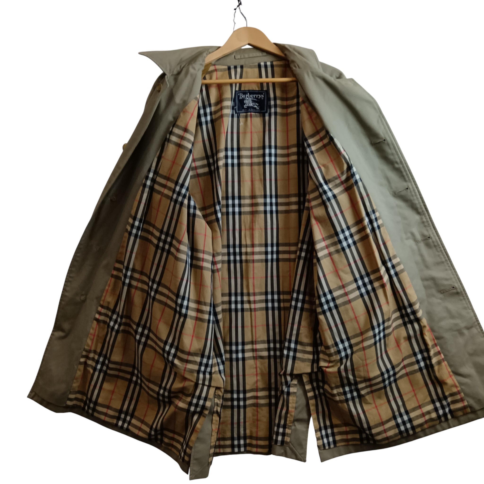 Inside coat/ lining image for Vintage Burberrys  London Khaki Green  Men's Mac Coat  UK X-Large Menswear | Pre-loved