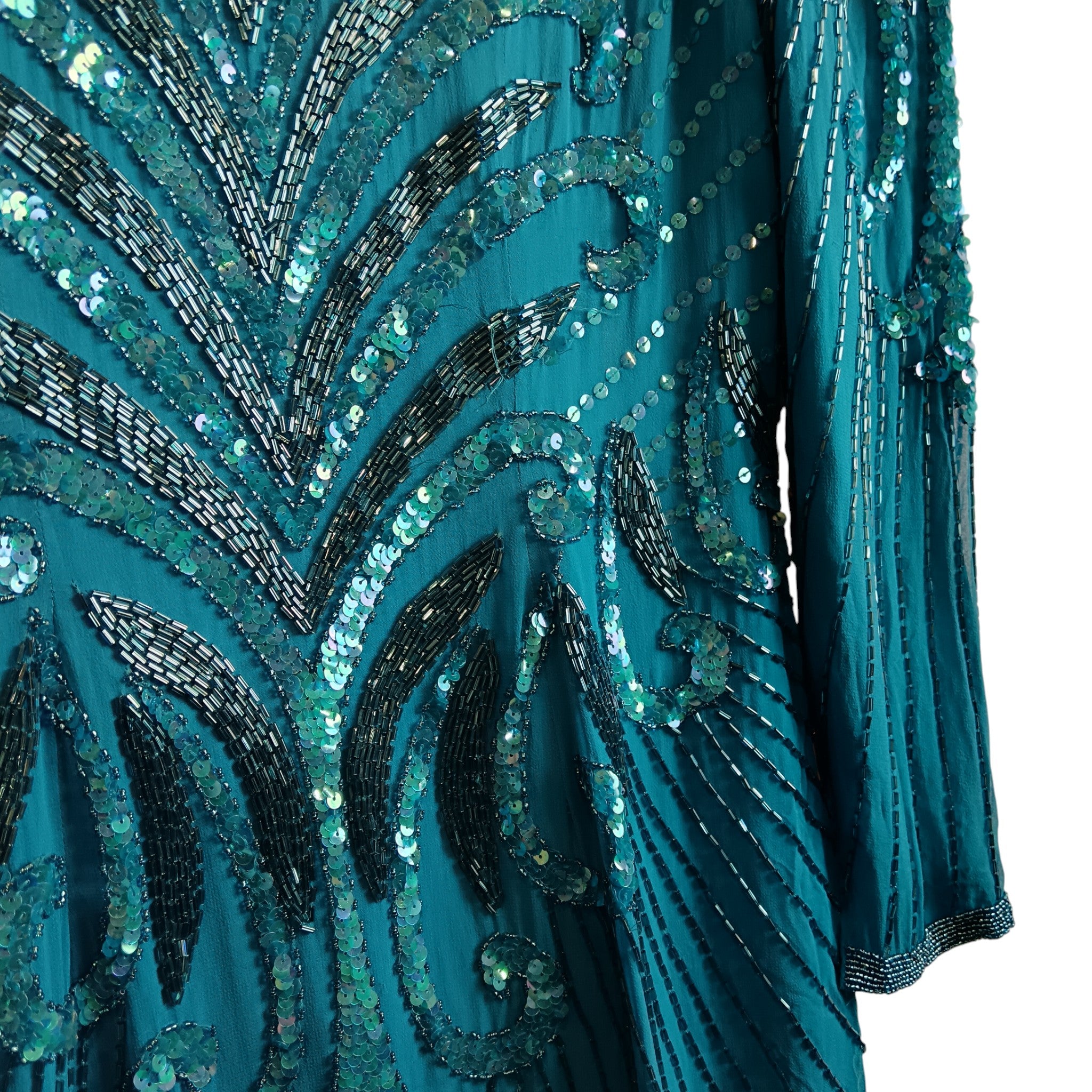 Close up and condition image for A.J Bari Petrol Blue Beaded Pure  Silk Dress UK Small - Womenswear | Pre-loved