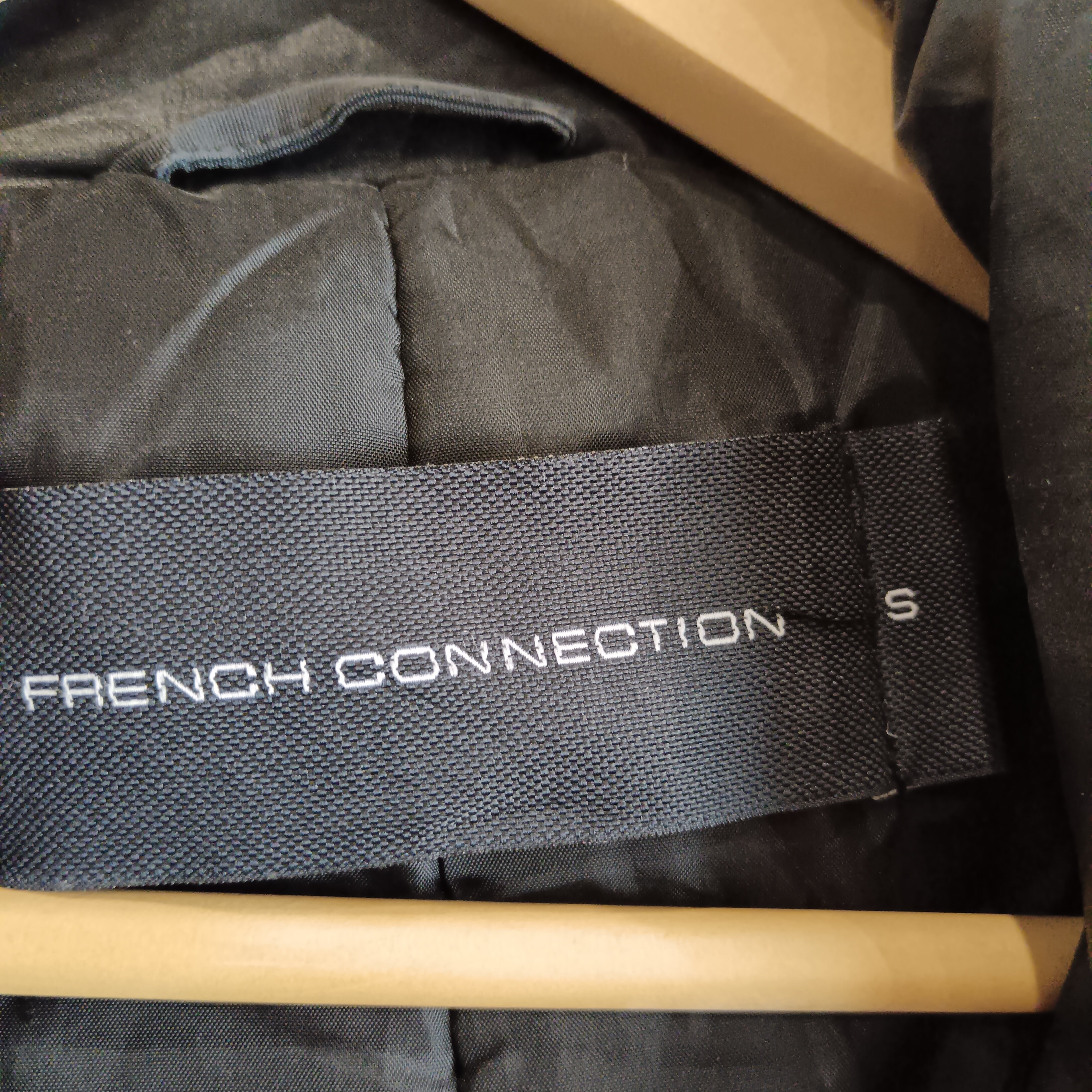 Brand and size label image for French Connection Men's Black Hooded Coat UK Small - Menswear | Pre-loved