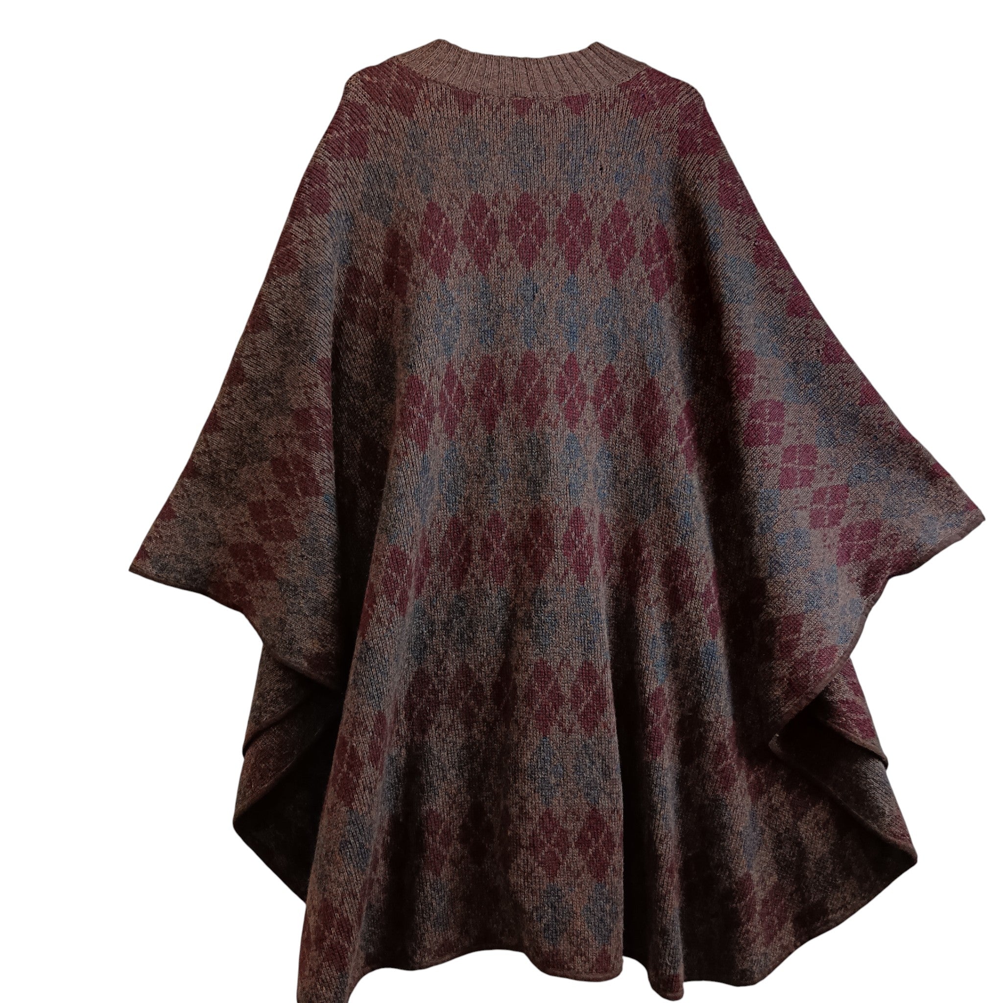 Back image for Aquascutum Shetland Wool Knitted Brown Geometric Pattern Poncho One Size Womenswear | Pre-loved