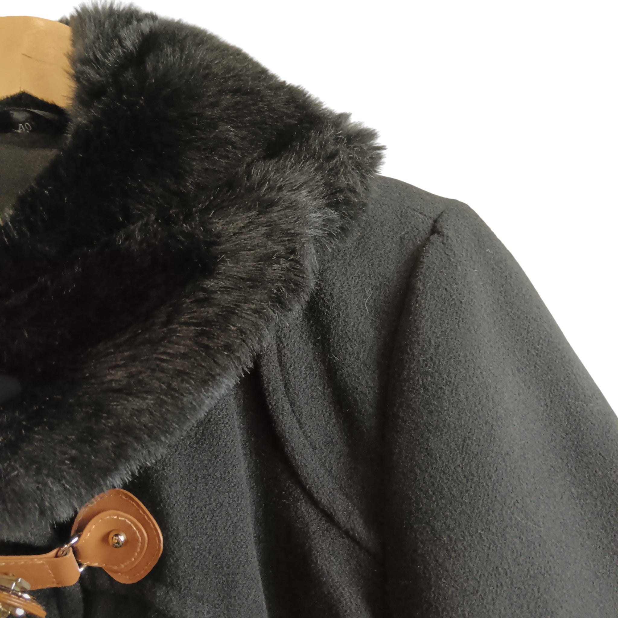 Close up image for Rino & Pelle Black Women's Coat With Faux Fur Trim And Decorative Buckle Size 40 -Womenswear | Pre-loved