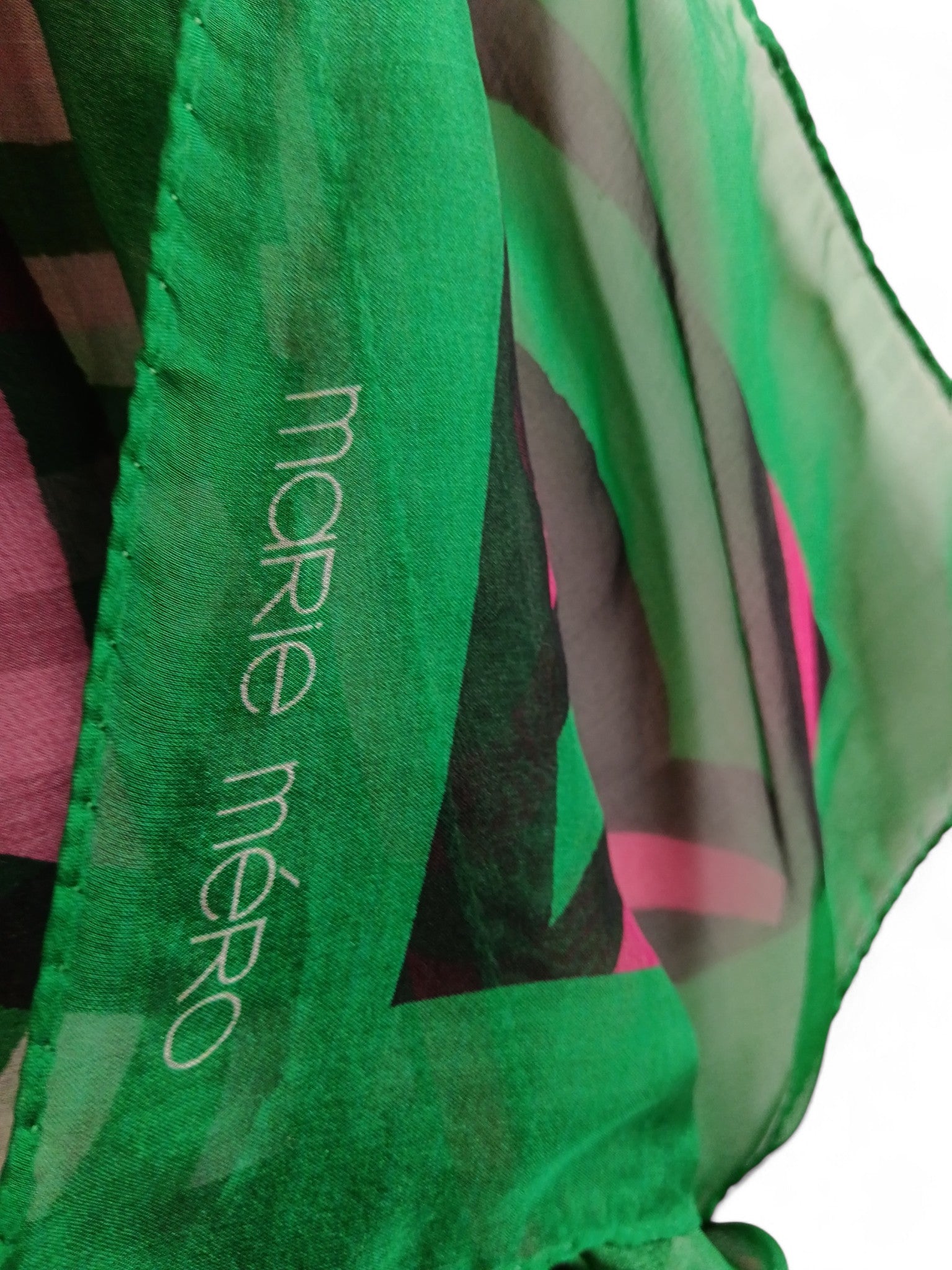Close up image for Marie Mero 100% Silk Squared Scarf Green and Pink - Tags On - Womenswear | Pre-loved
