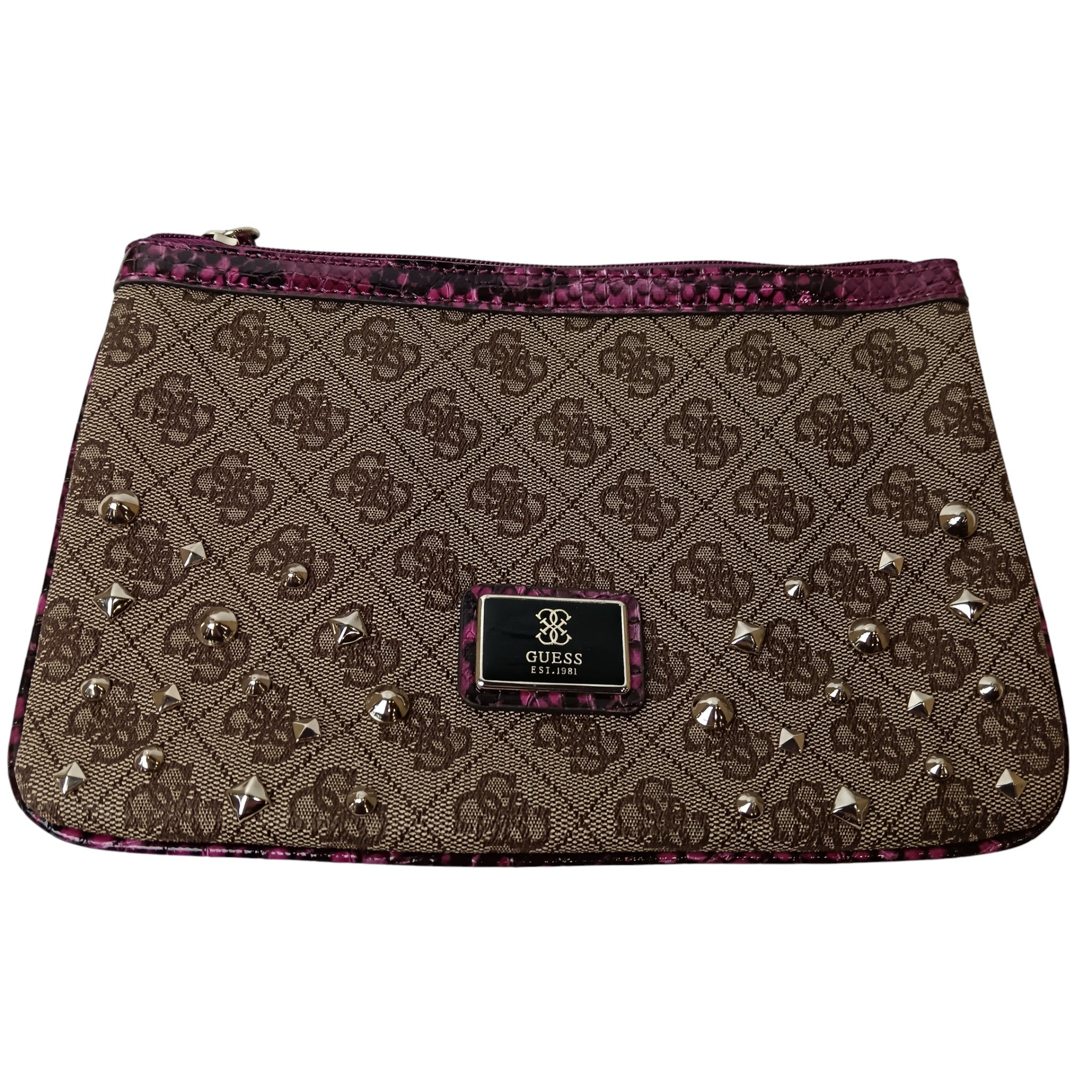 Front image for Vintage GUESS Brown Monogram with Purple Animal Print Trim Studded Ladies Clutch Bag - Womenswear | Pre-loved