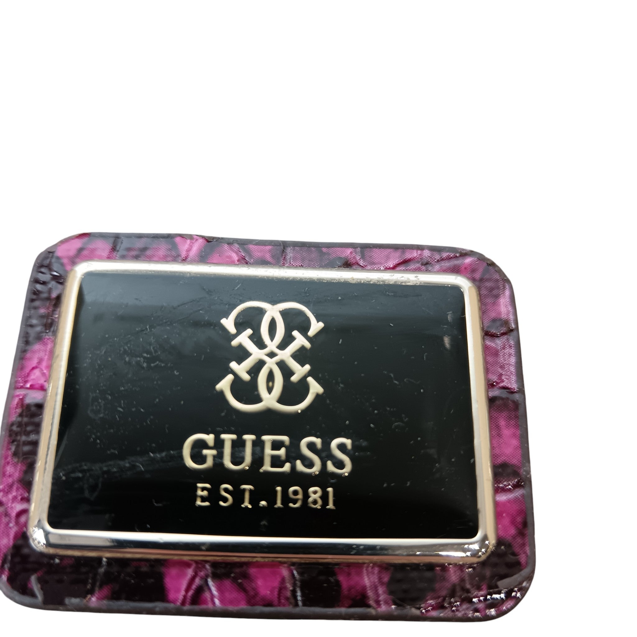 Logo close up image for Vintage GUESS Brown Monogram with Purple Animal Print Trim Studded Ladies Clutch Bag- Womenswear | Pre-loved