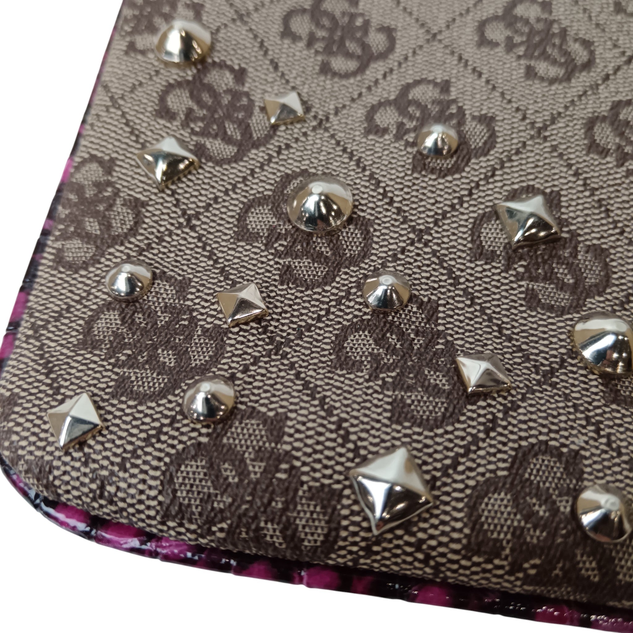 Close up image for Vintage GUESS Brown Monogram with Purple Animal Print Trim Studded Ladies Clutch Bag- Womenswear | Pre-loved