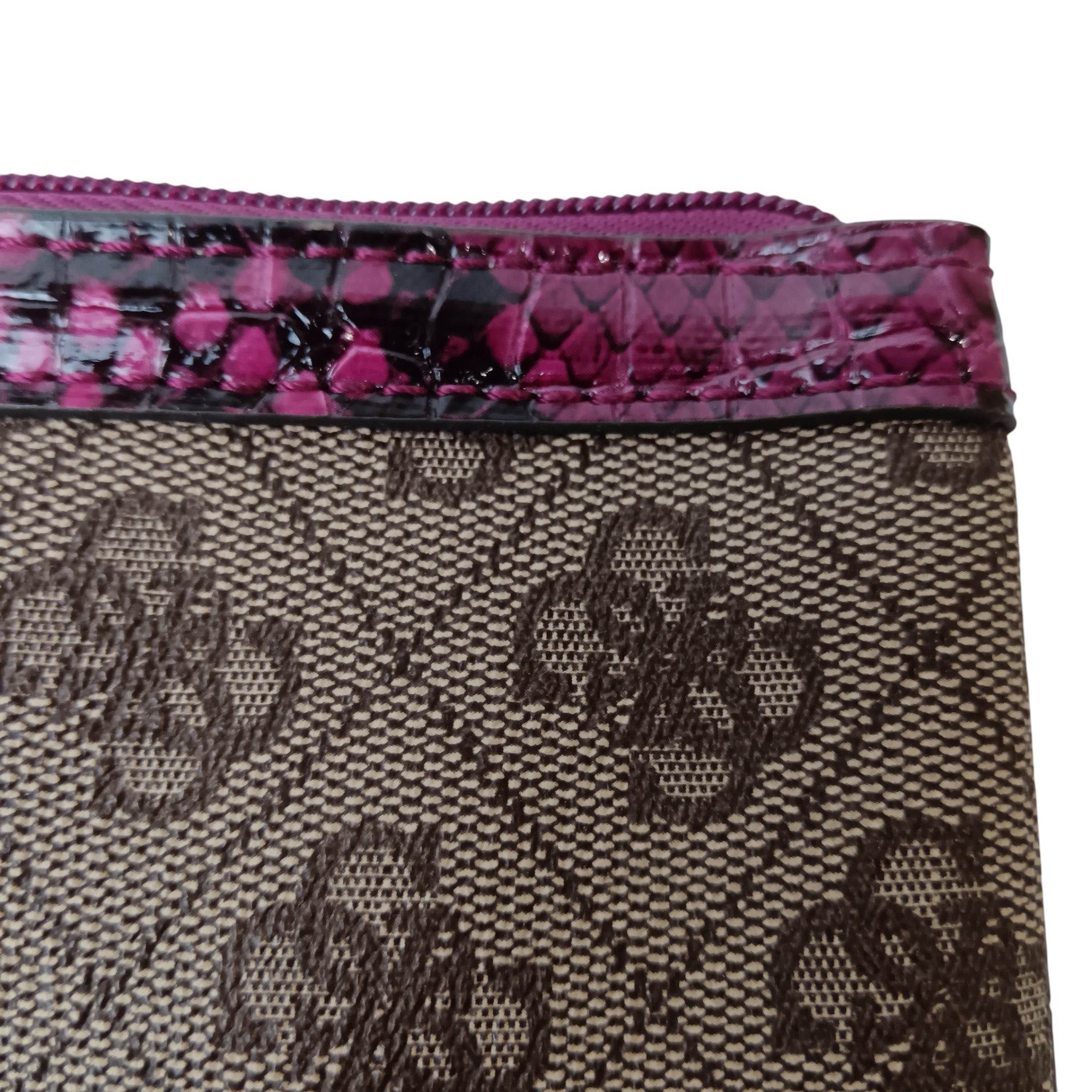 Close up image for Vintage GUESS Brown Monogram with Purple Animal Print Trim Studded Ladies Clutch Bag- Womenswear | Pre-loved