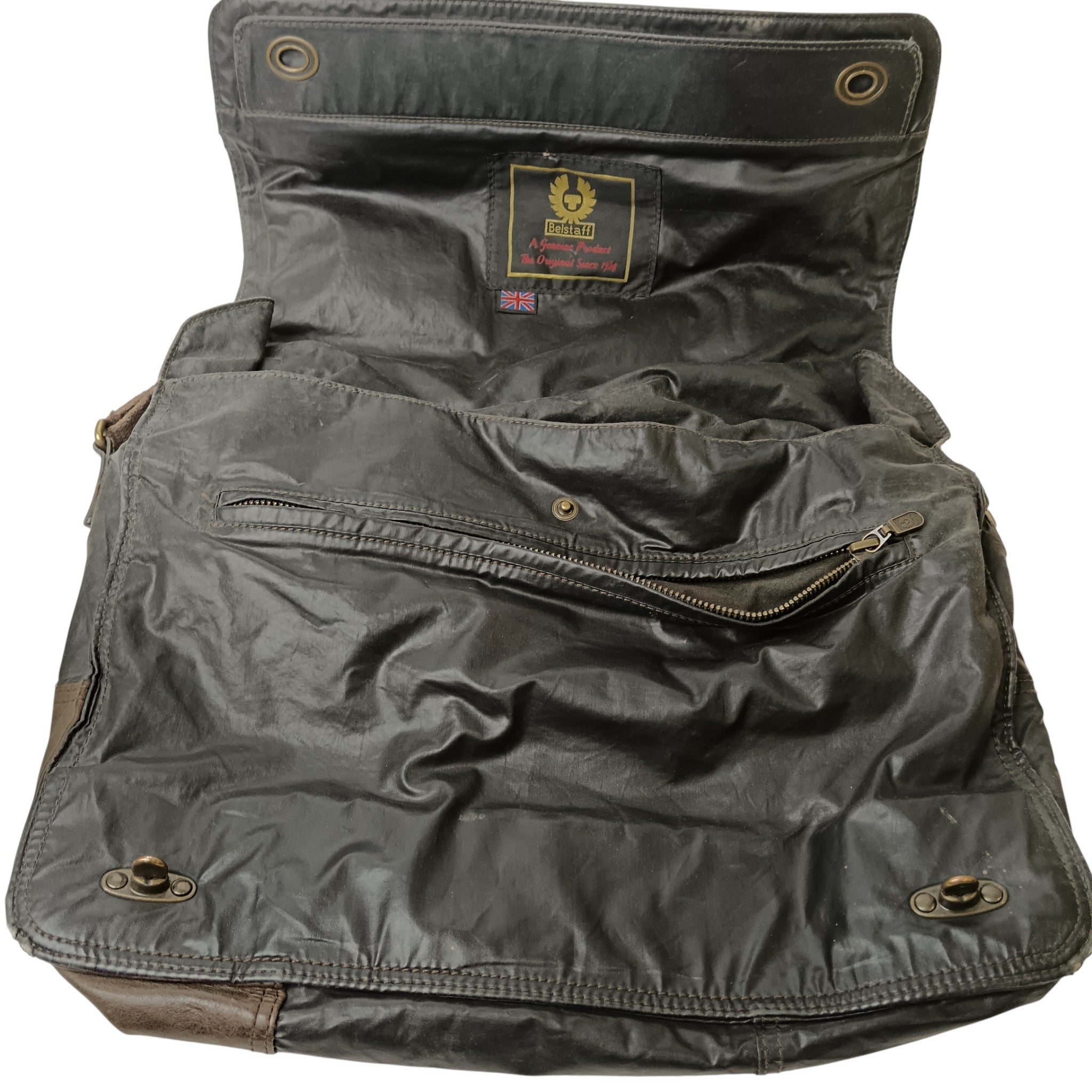 Open bag image for Vintage Belstaff  Cotton Leather Messenger Bag - Antique Brown Black -  Menswear | Pre-loved