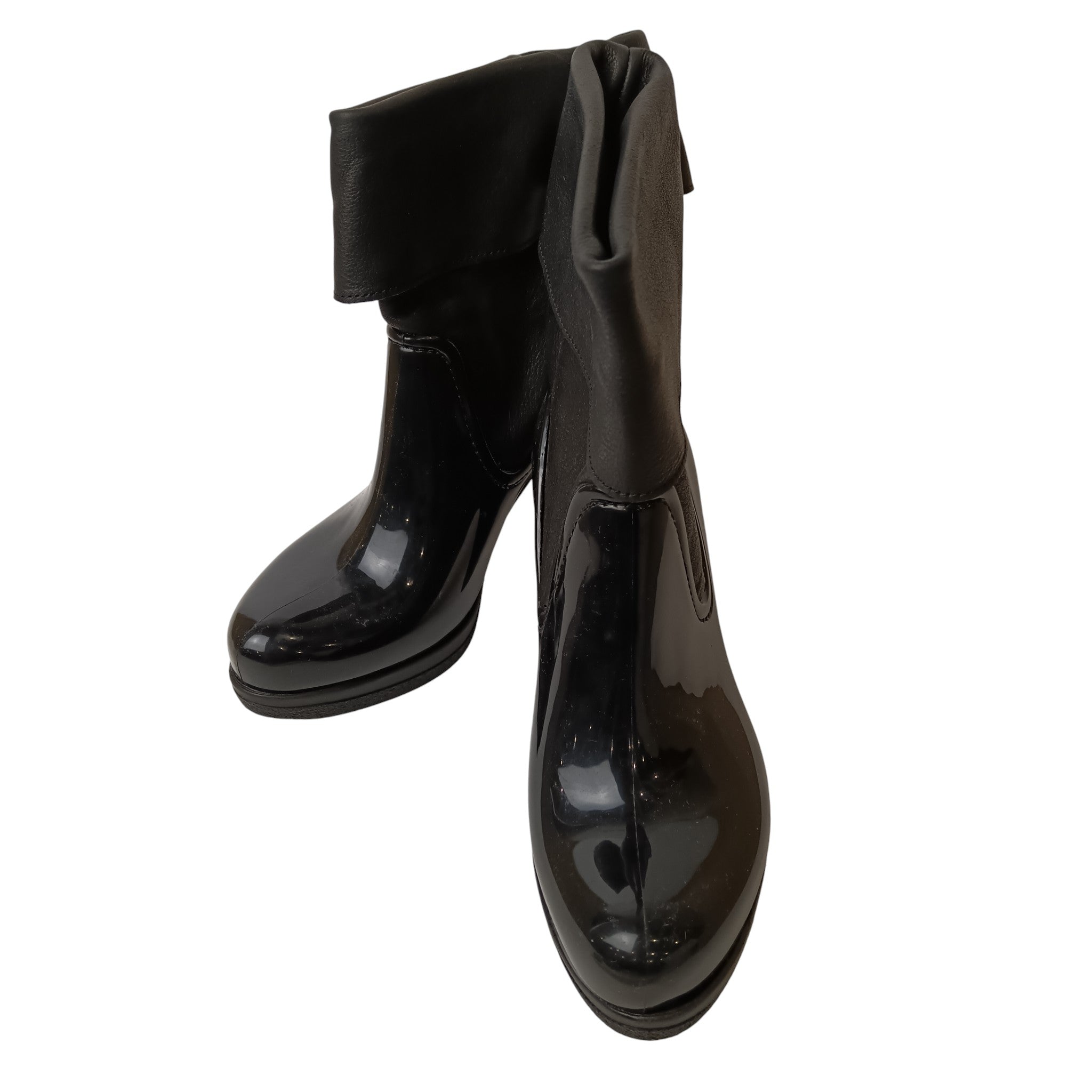 Front image for Sage Wilson Vicky Black Leather PVC Women's Boots Size 39  Fold-Over Cuff BNWT-  Womenswear | Pre-loved