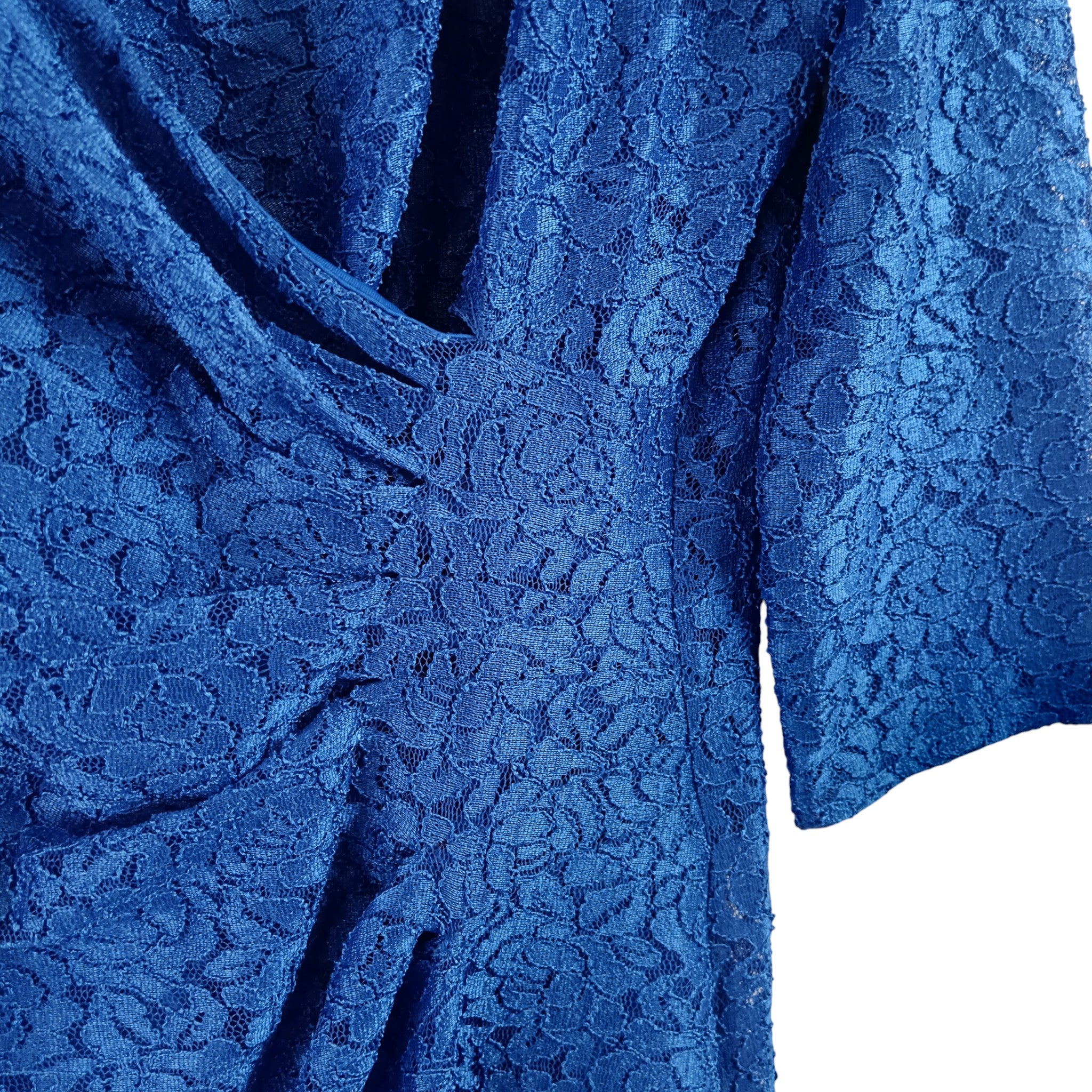 Close up image for Gina Bacconi Royal Blue Lace Full Length V-Neck Draped Sleeved Dress UK 18 - Tags On Womenswear | Pre-loved