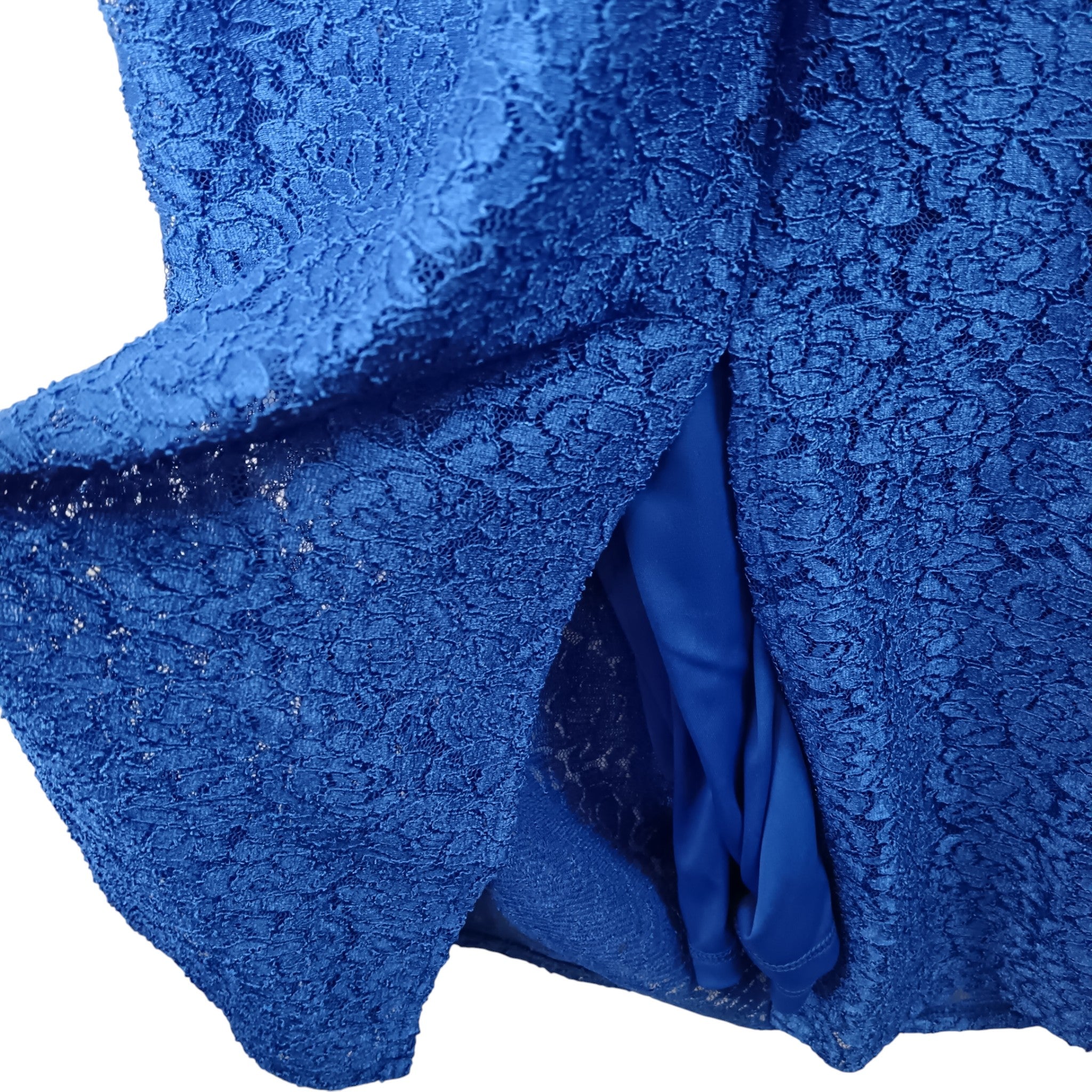 Close up image for Gina Bacconi Royal Blue Lace Full Length V-Neck Draped Sleeved Dress UK 18 - Tags On Womenswear | Pre-loved