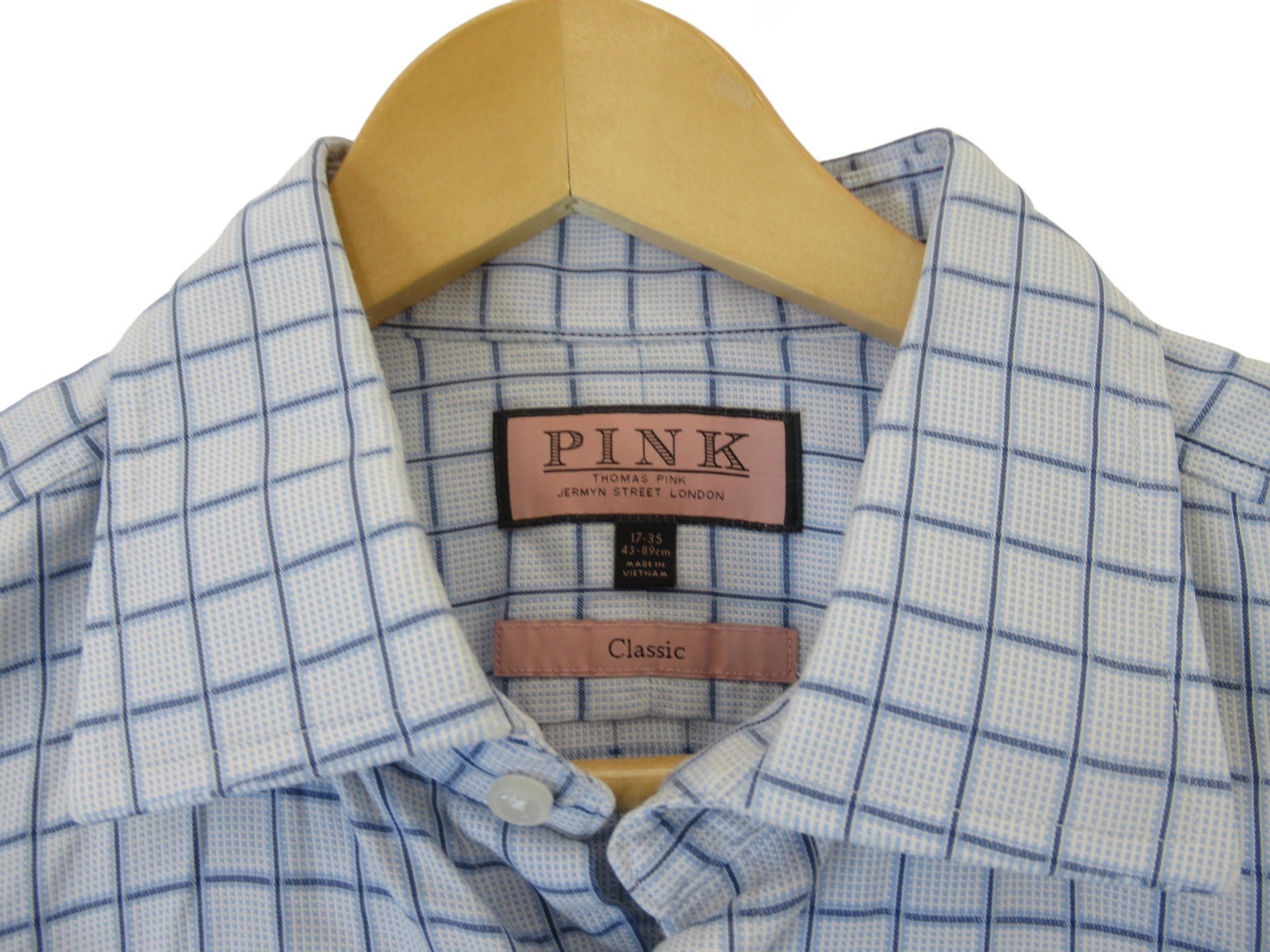 Close up collar image for Thomas Pink 17.5" Blue Check Formal Shirt Menswear | Preloved