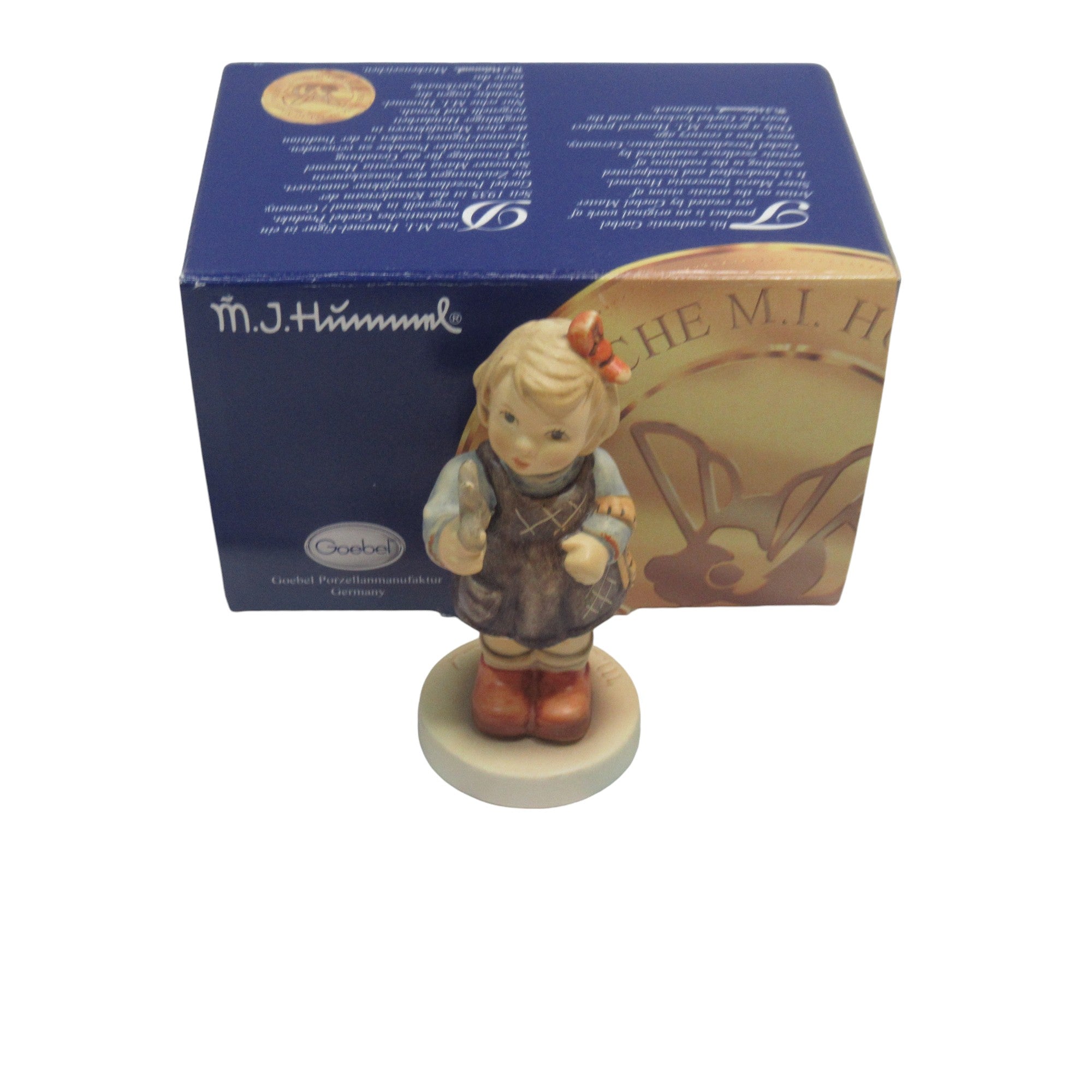 Front image with box of Goebel Hummel Little Seamstress Figurine Porcelain Boxed | Preloved