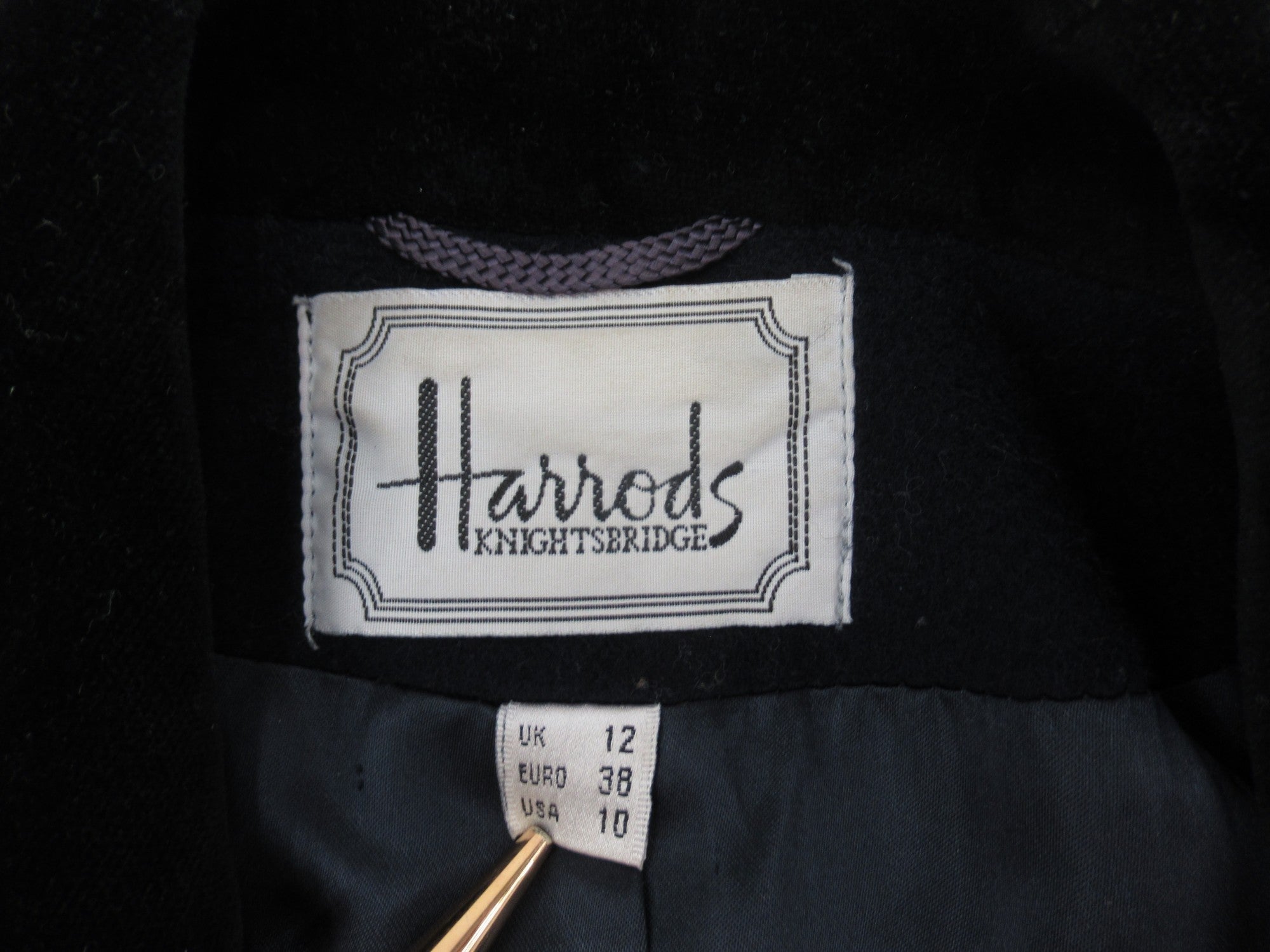 Brand label image for Harrods UK 12 Navy Wool Overcoat Womenswear | Preloved 