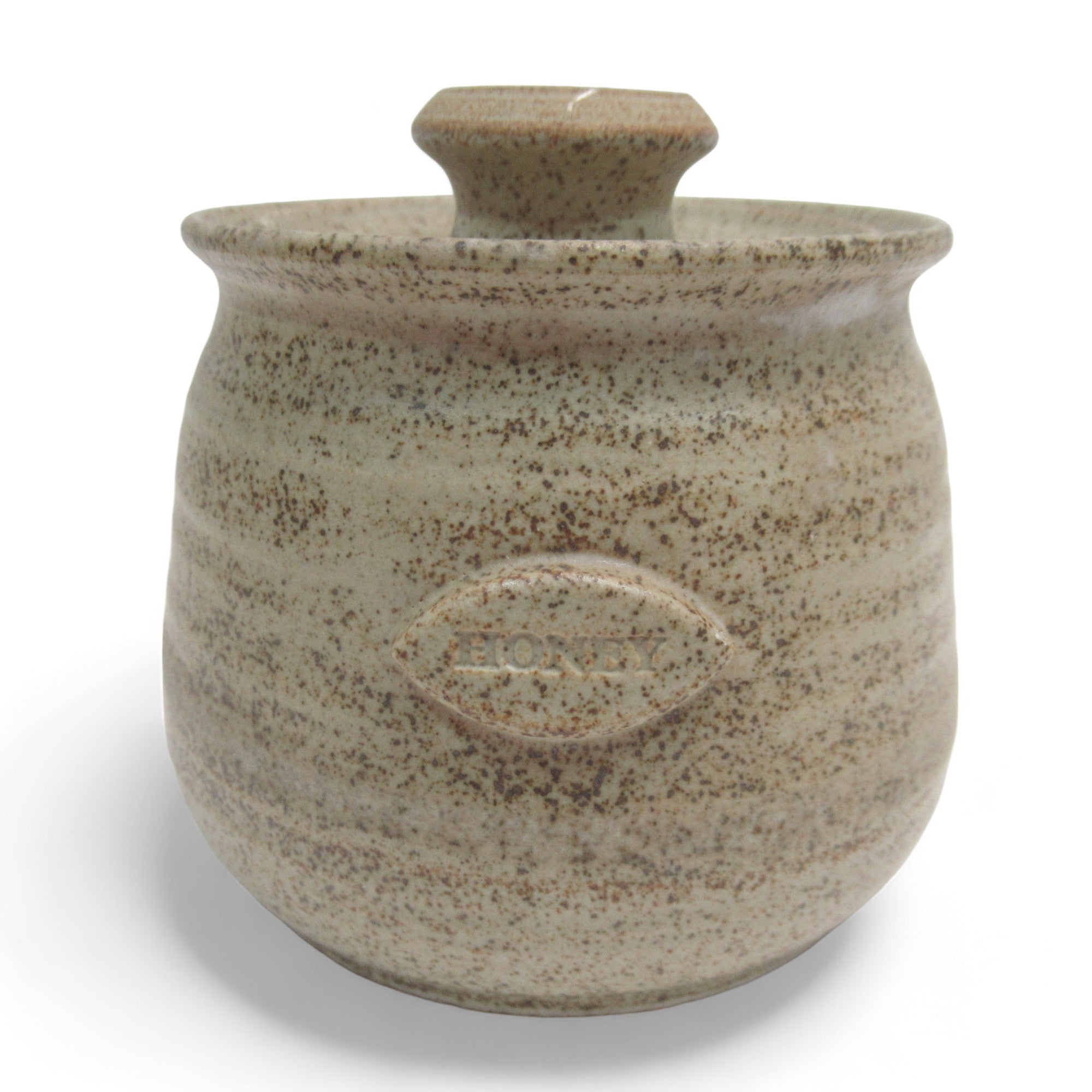 Front image of Claymohr Gardenstown Lidded Honey Pot Speckled Clay