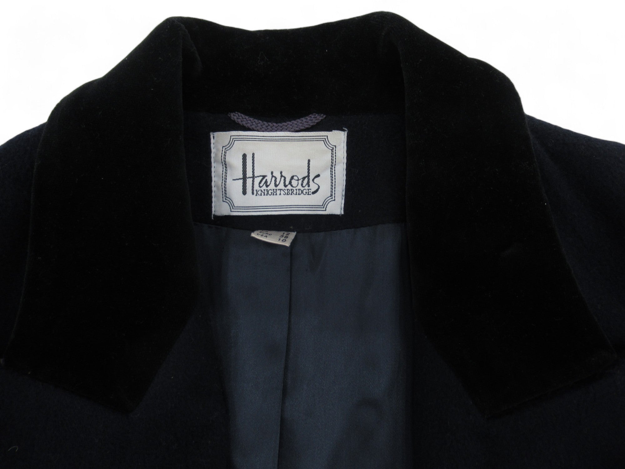 Front collar image for Harrods UK 12 Navy Wool Overcoat Womenswear | Preloved 