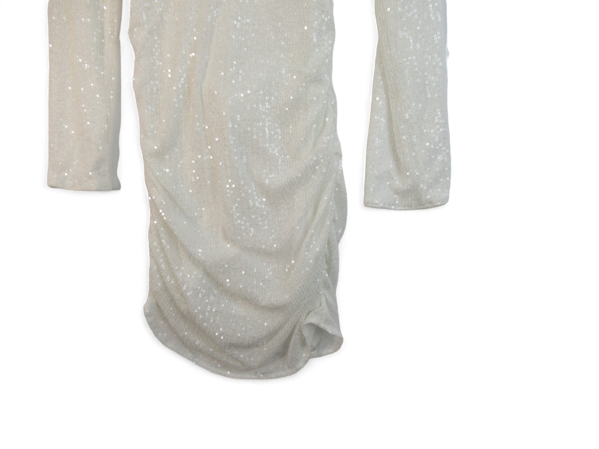 Bottom of dress image for MissPap UK 12 White Sequin Ruched Dress Womenswear | Preloved