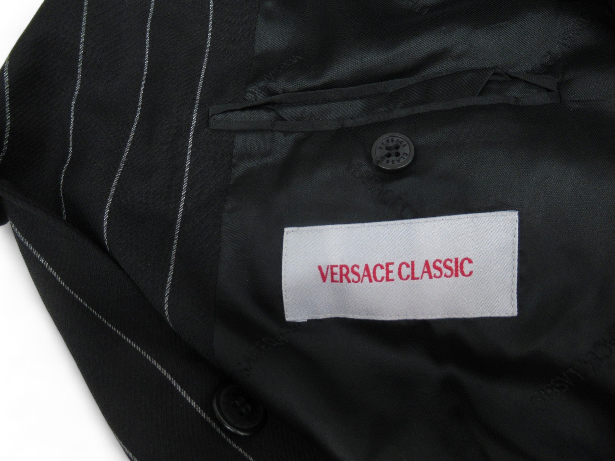 Label image for Versace Classic 46 Chest Black Pinstripe Suit Menswear | Preloved