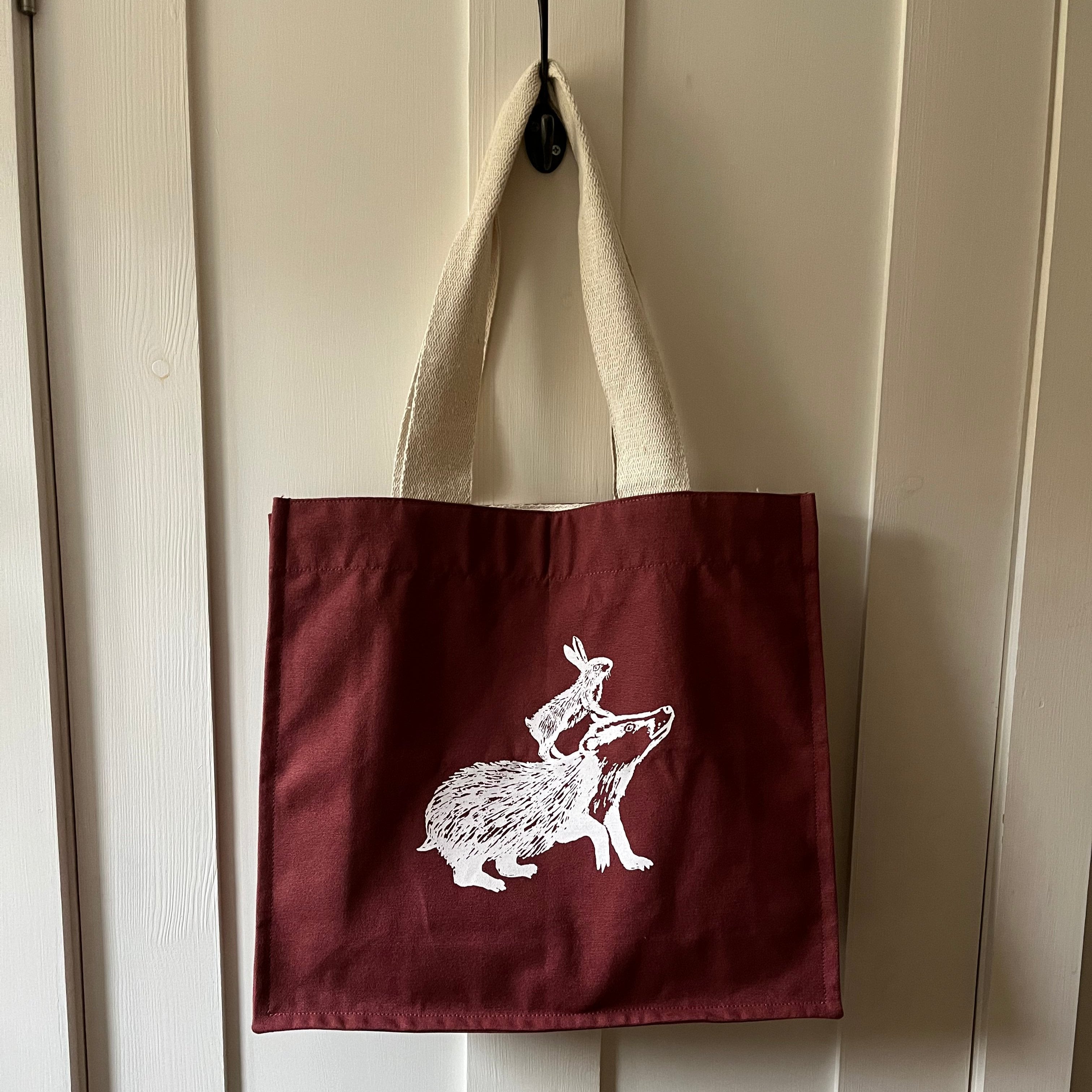 Woodland rabbit and badger recycled cotton bag