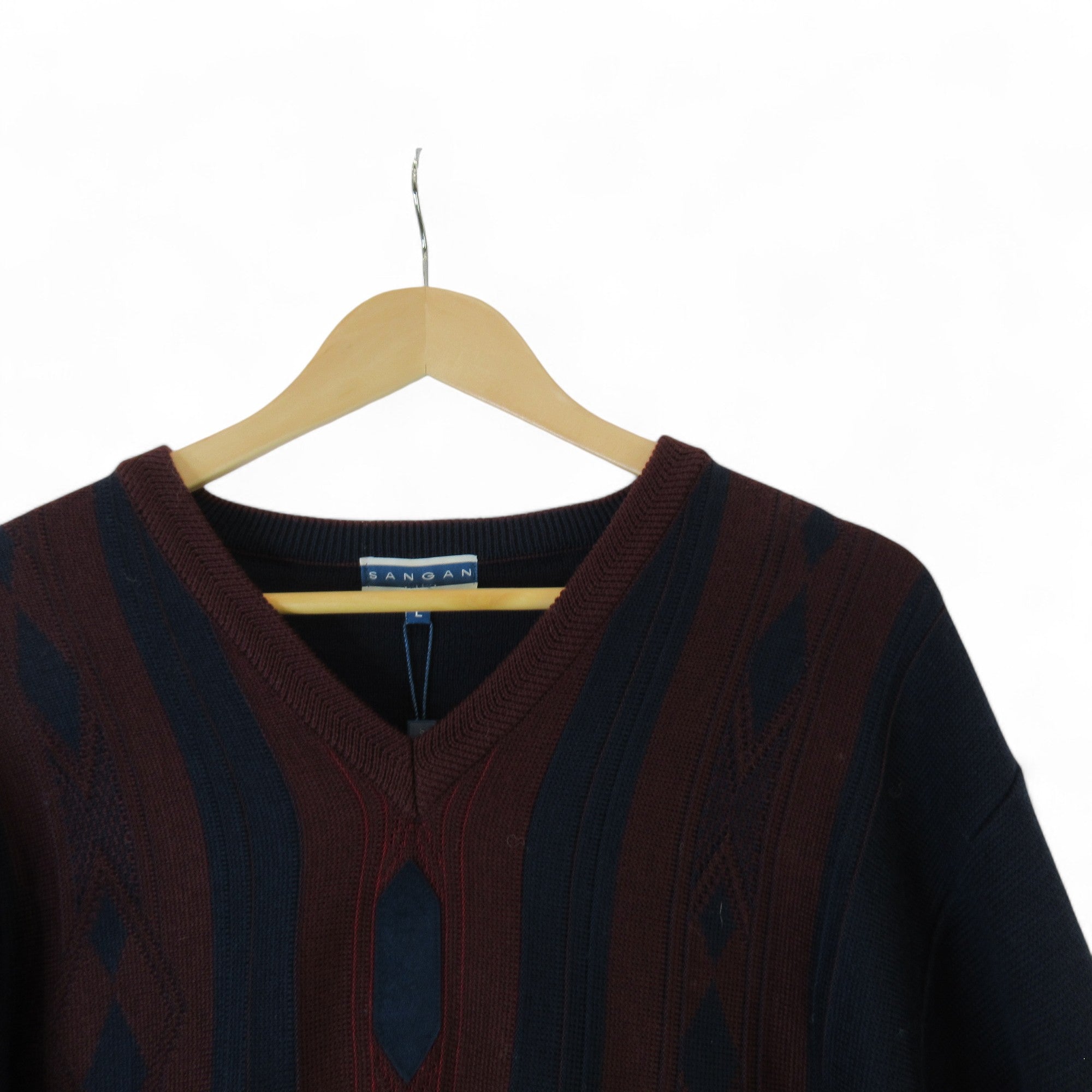 top image for Sangan Vintage Large Blue Burgundy Jumper Menswear | Preloved 